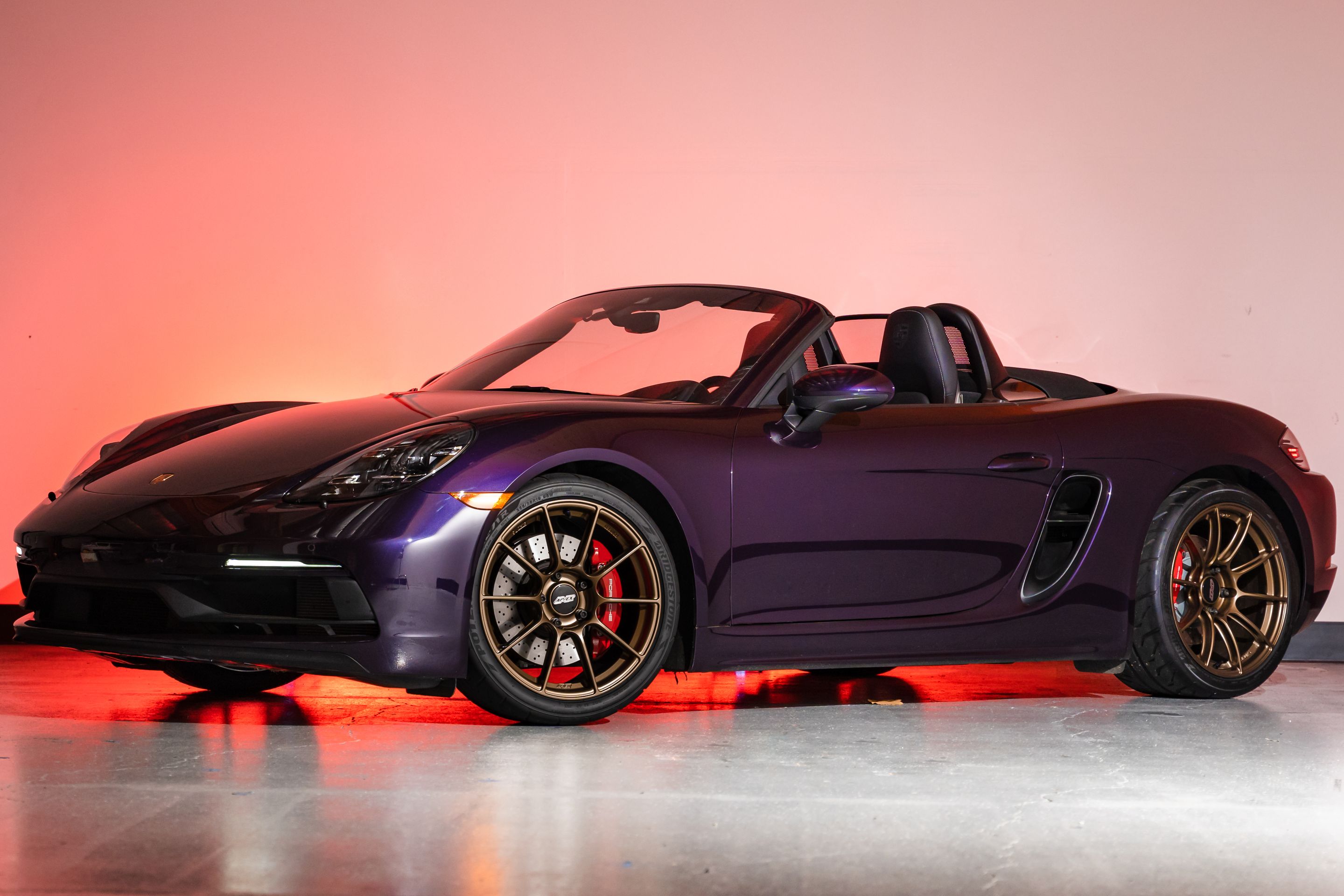 Purple Porsche 718 Boxster GTS 4.0L with 19" SM-10RS Apex wheels in Satin Bronze