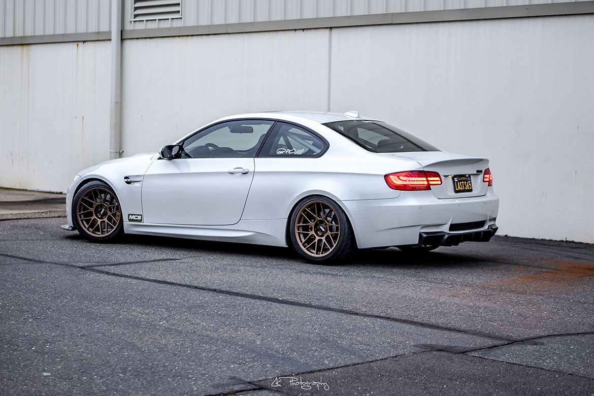 White BMW E92 Coupe M3 with 18" ARC-8 Apex wheels in Satin Bronze
