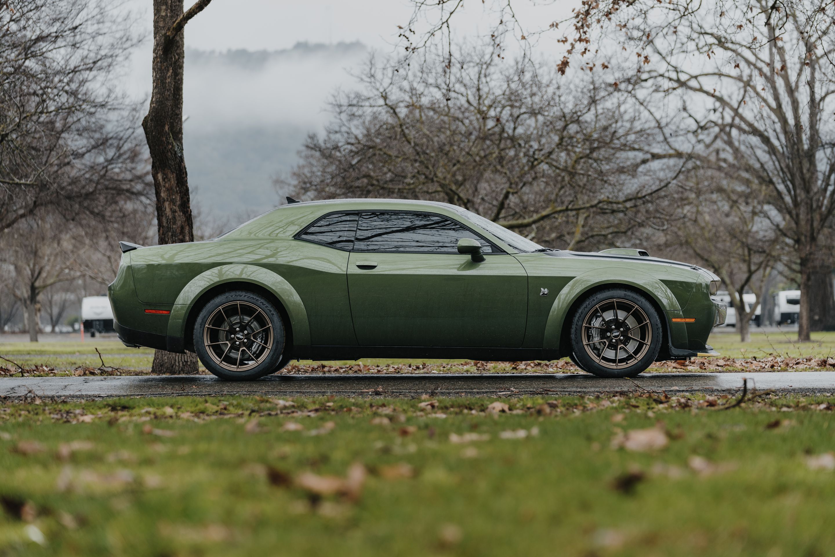 Green Dodge Challenger R/T Scat Pack Widebody with 20" VS-5RS Apex wheels in Satin Bronze