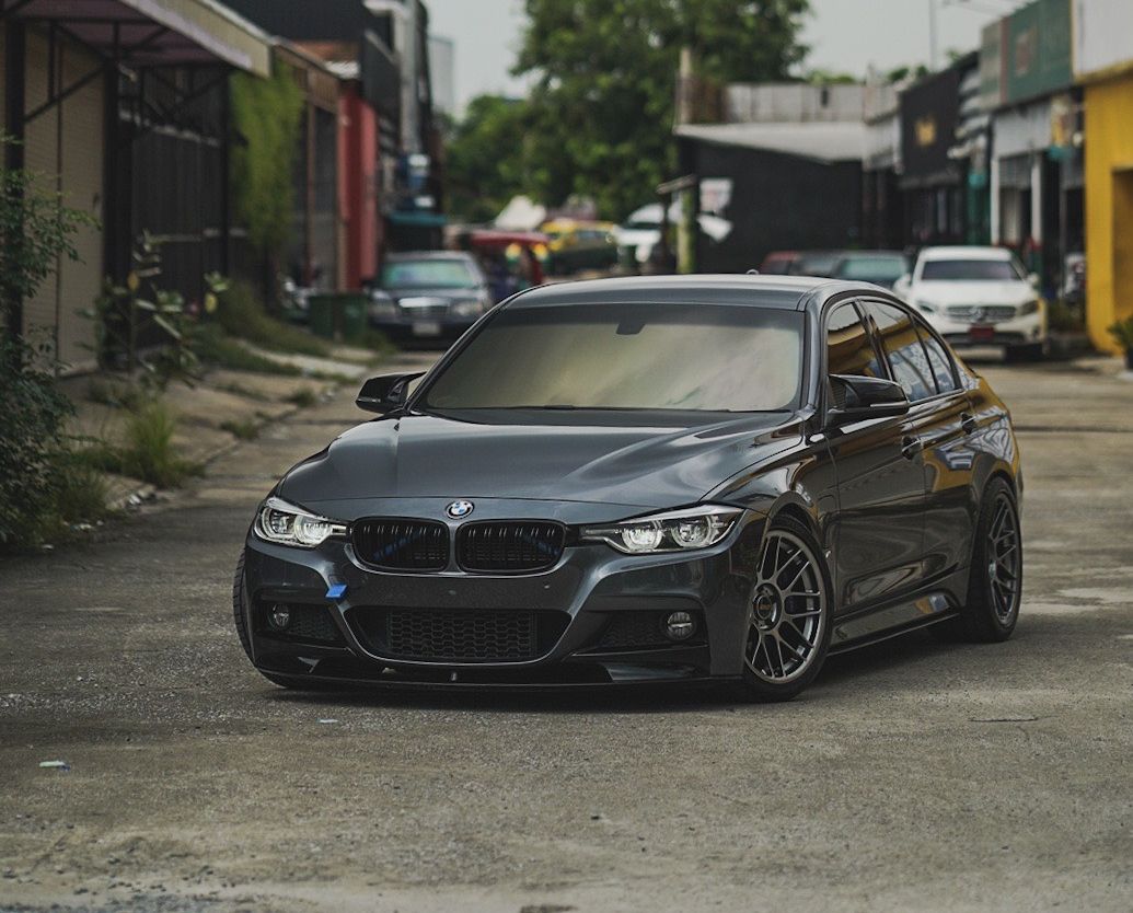 Grey BMW F30 Sedan 3 Series with 18" ARC-8 Apex wheels in Hyper Black