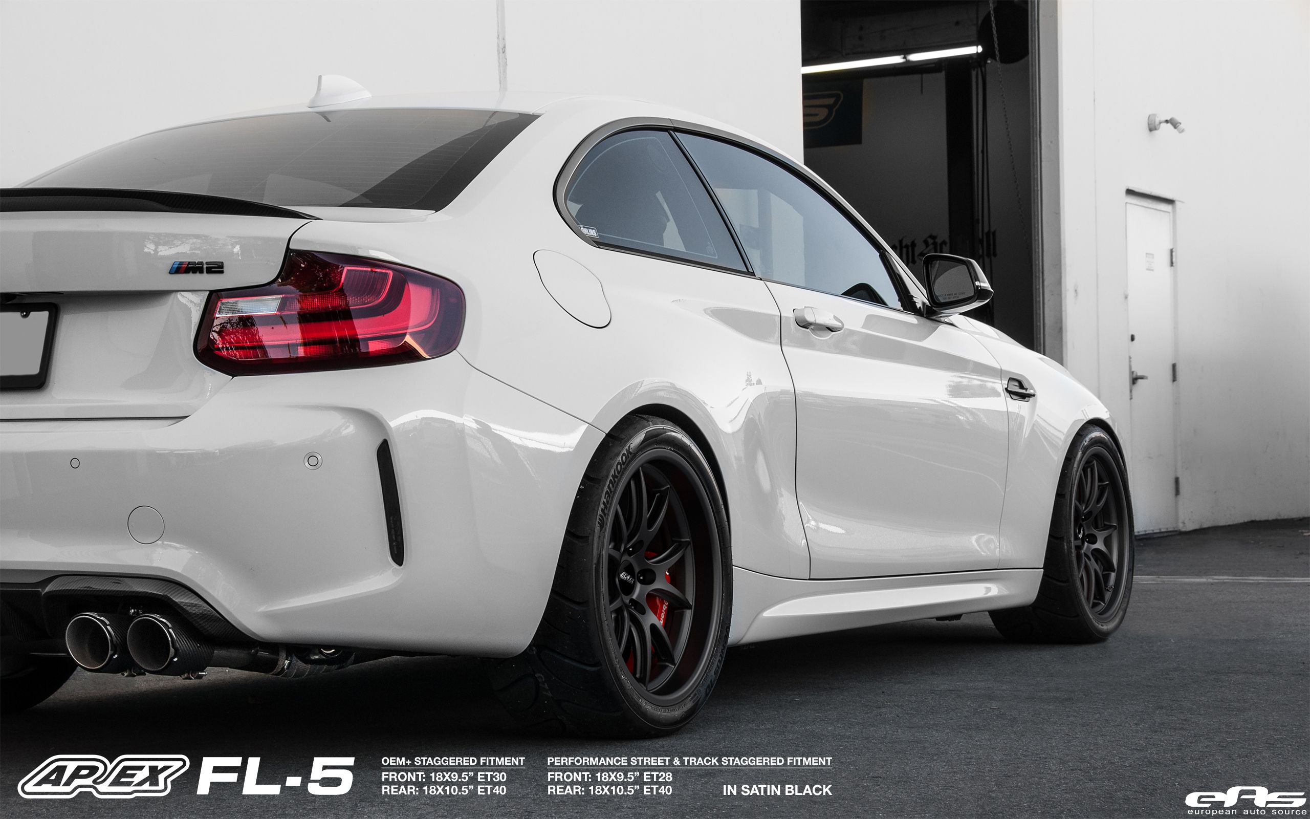 White BMW F87 M2 with 18" FL-5 Apex wheels in Race Silver