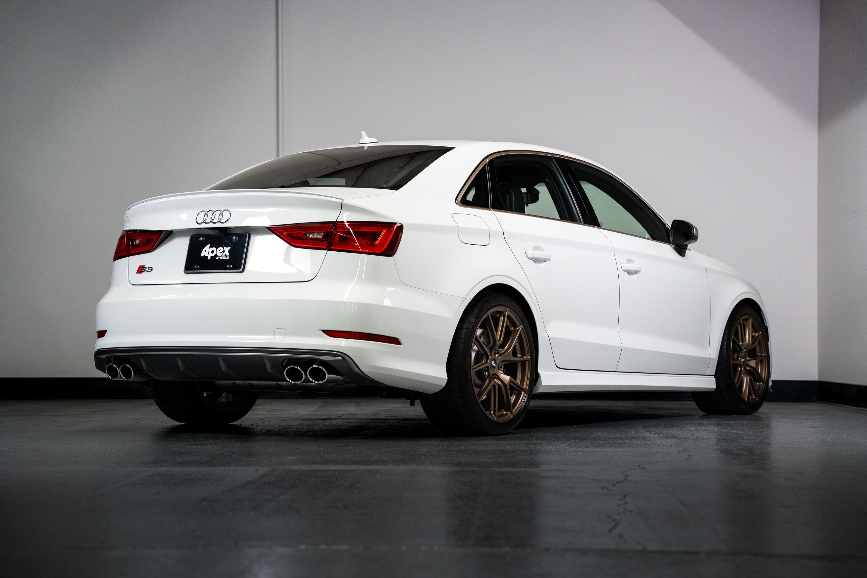 White Audi 8V S3 with 18" VS-5 Apex wheels in Satin Bronze