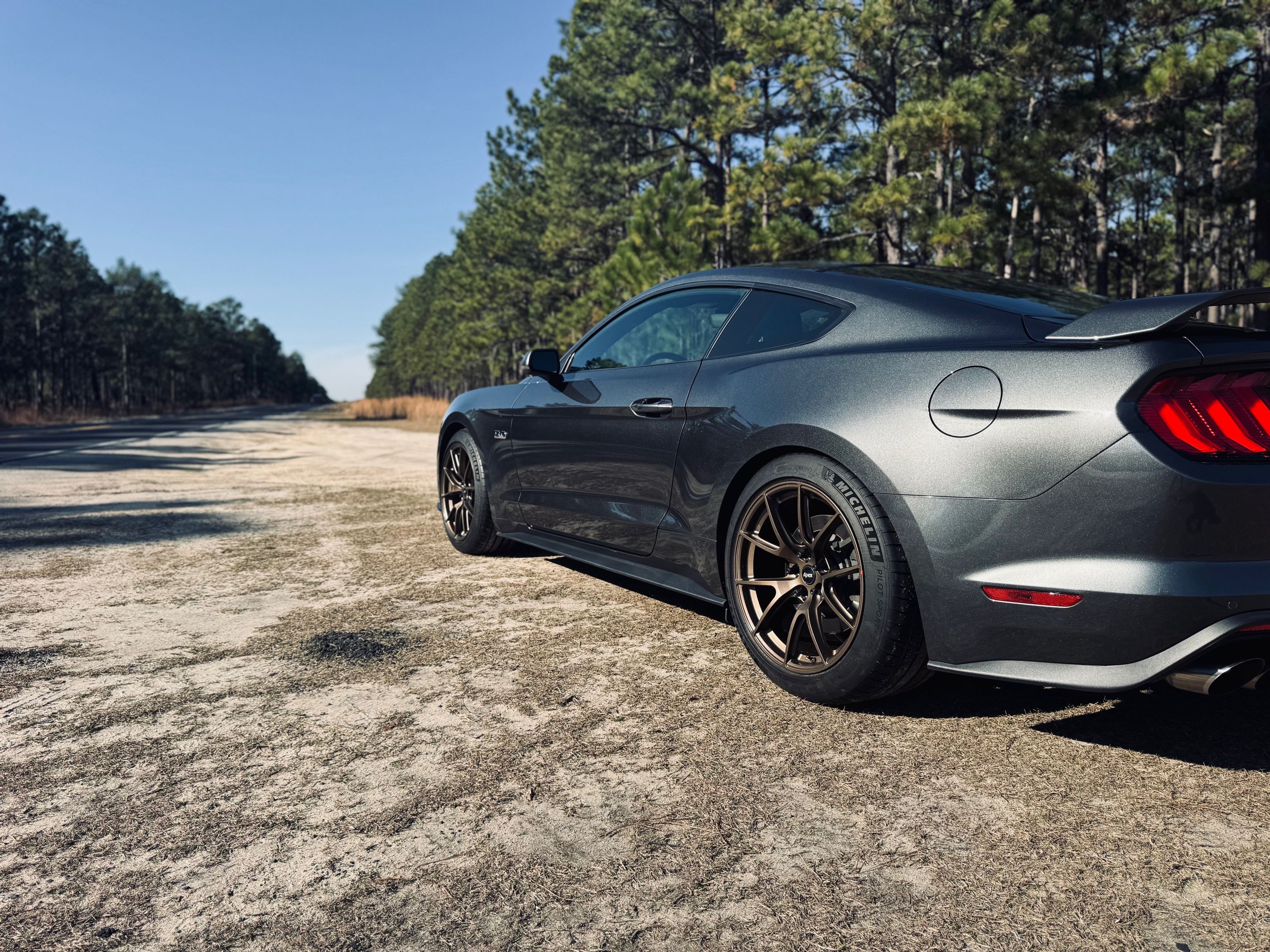 Green Ford S550 Mustang GT with 19" VS-5 Apex wheels in Satin Bronze