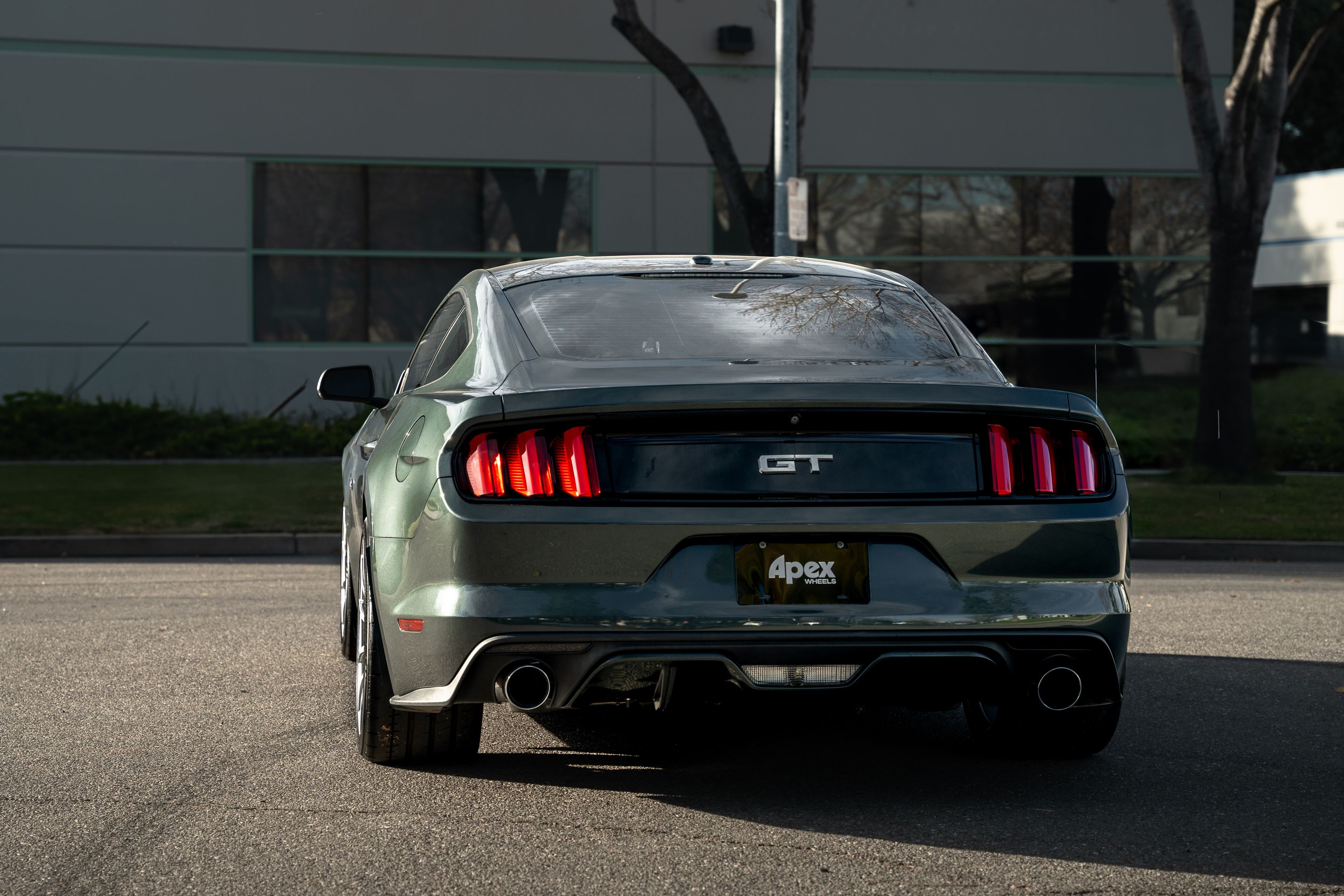 Green Ford S550 Mustang GT with 19" SM-10 Apex wheels in Race Silver