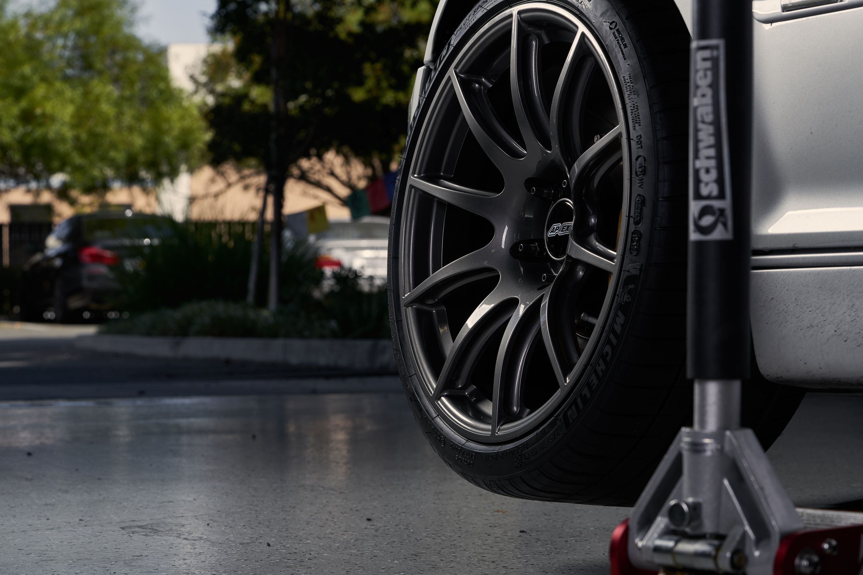 Silver BMW E46 M3 with 19" SM-10 Apex wheels in Anthracite
