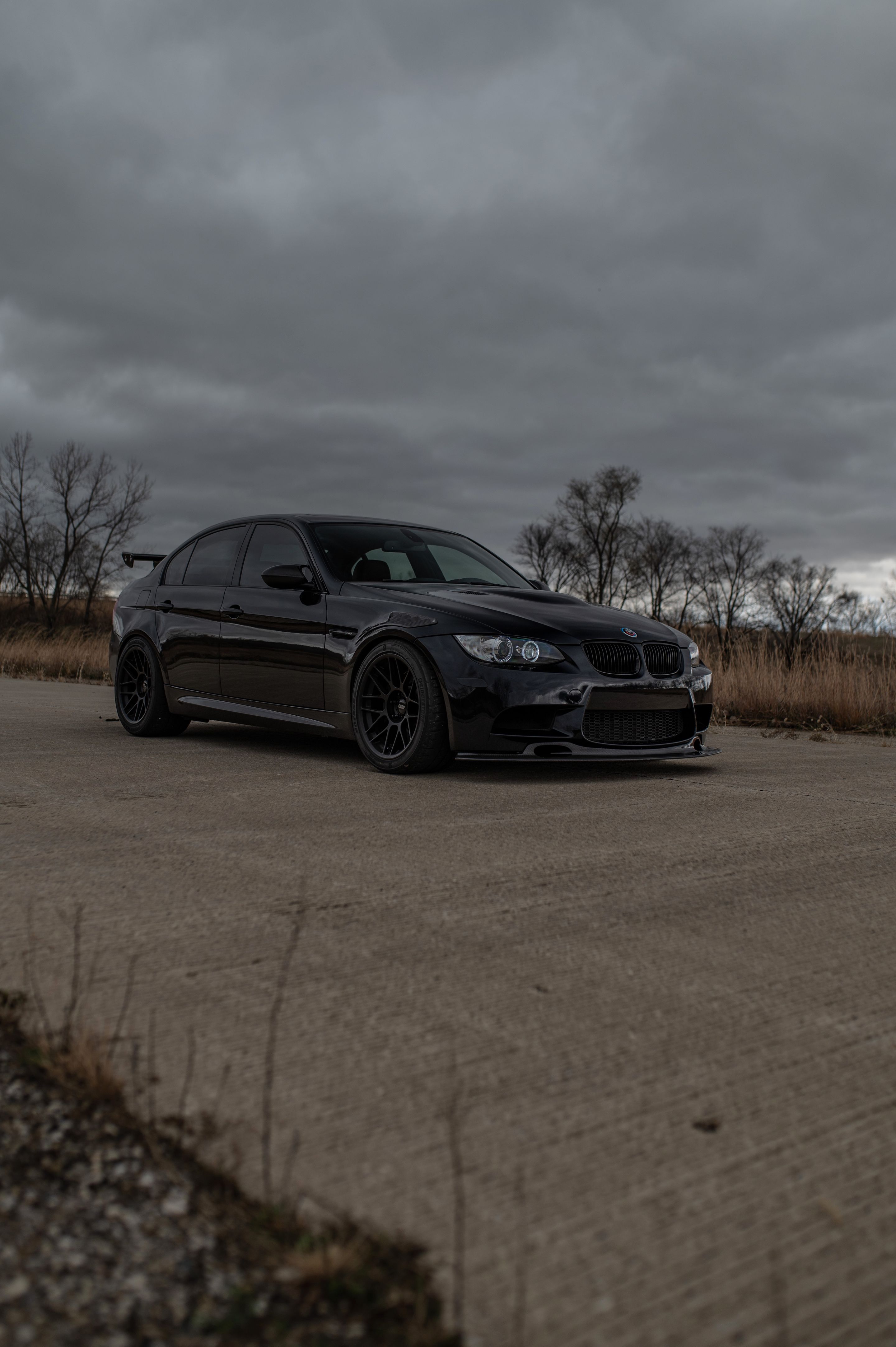 Black BMW E90 Sedan M3 with 18" ARC-8 Apex wheels in Satin Black