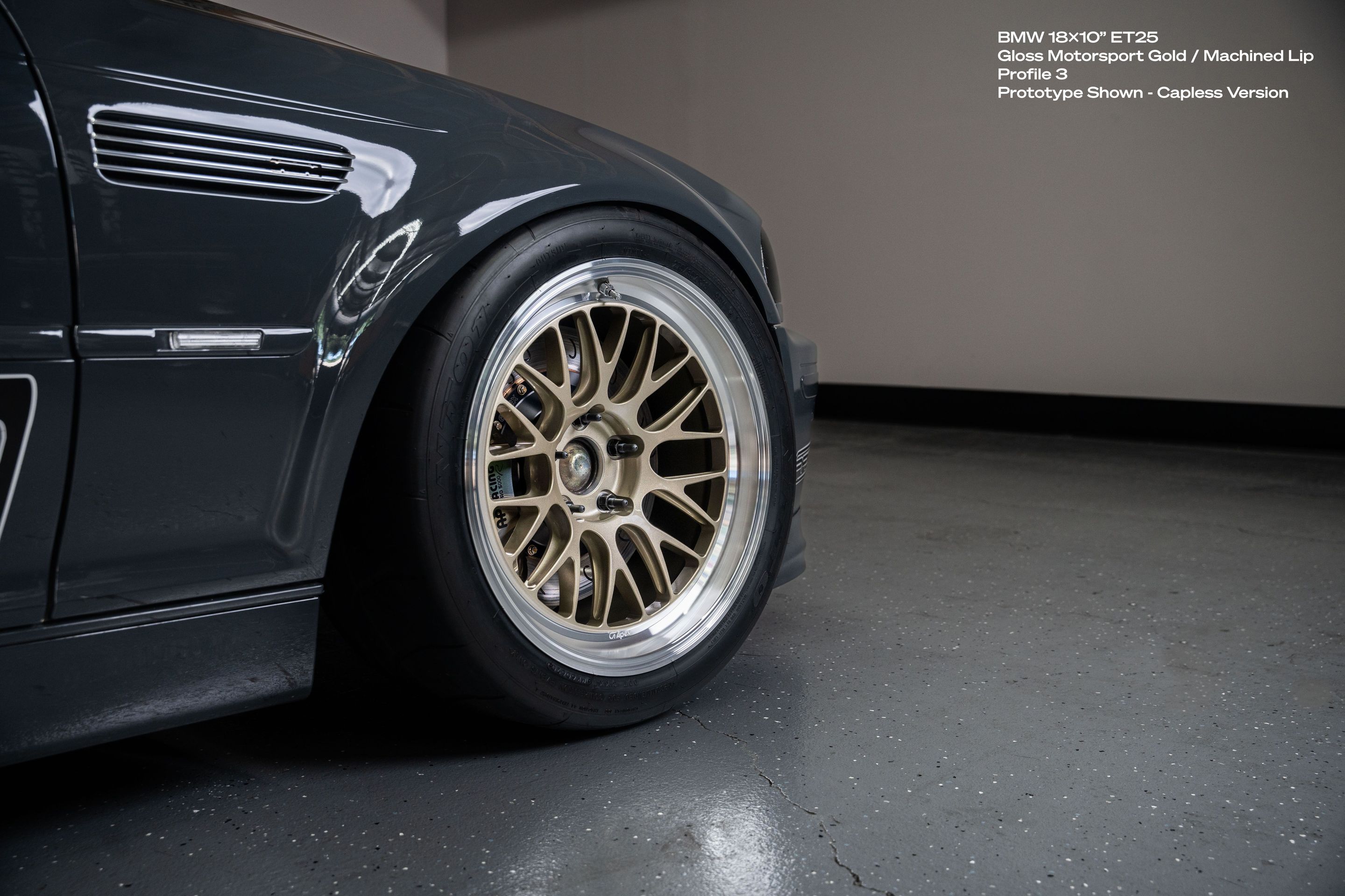 Grey BMW E46 M3 with 18" ML-10RT Apex wheels in Machined Lip Gloss Motorsport Gold