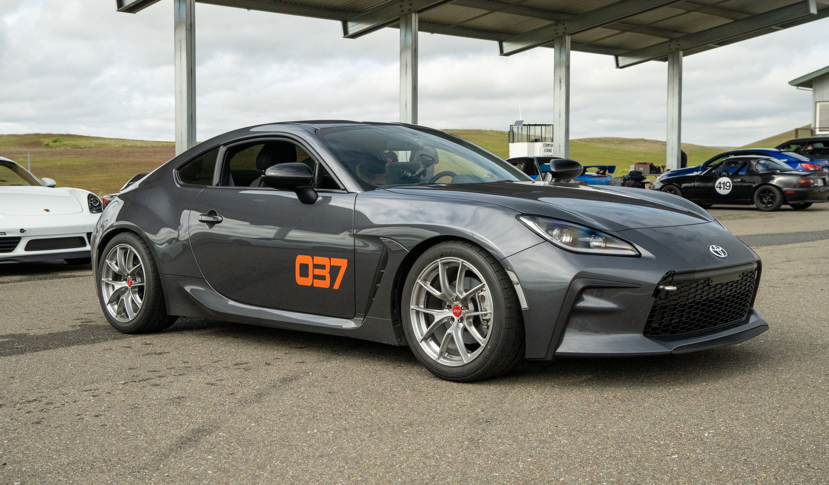 Grey Toyota GR86 with 17" VS-5RS Apex wheels in Brushed Clear
