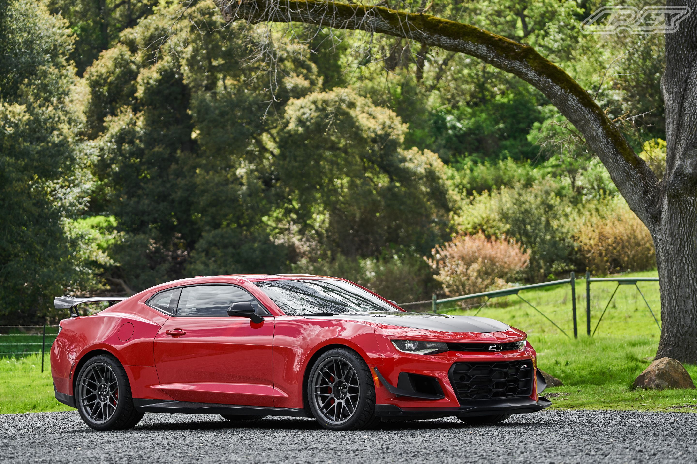 Red Chevrolet 6th Gen Camaro ZL1 1LE with 19" ARC-8 Apex wheels in Anthracite