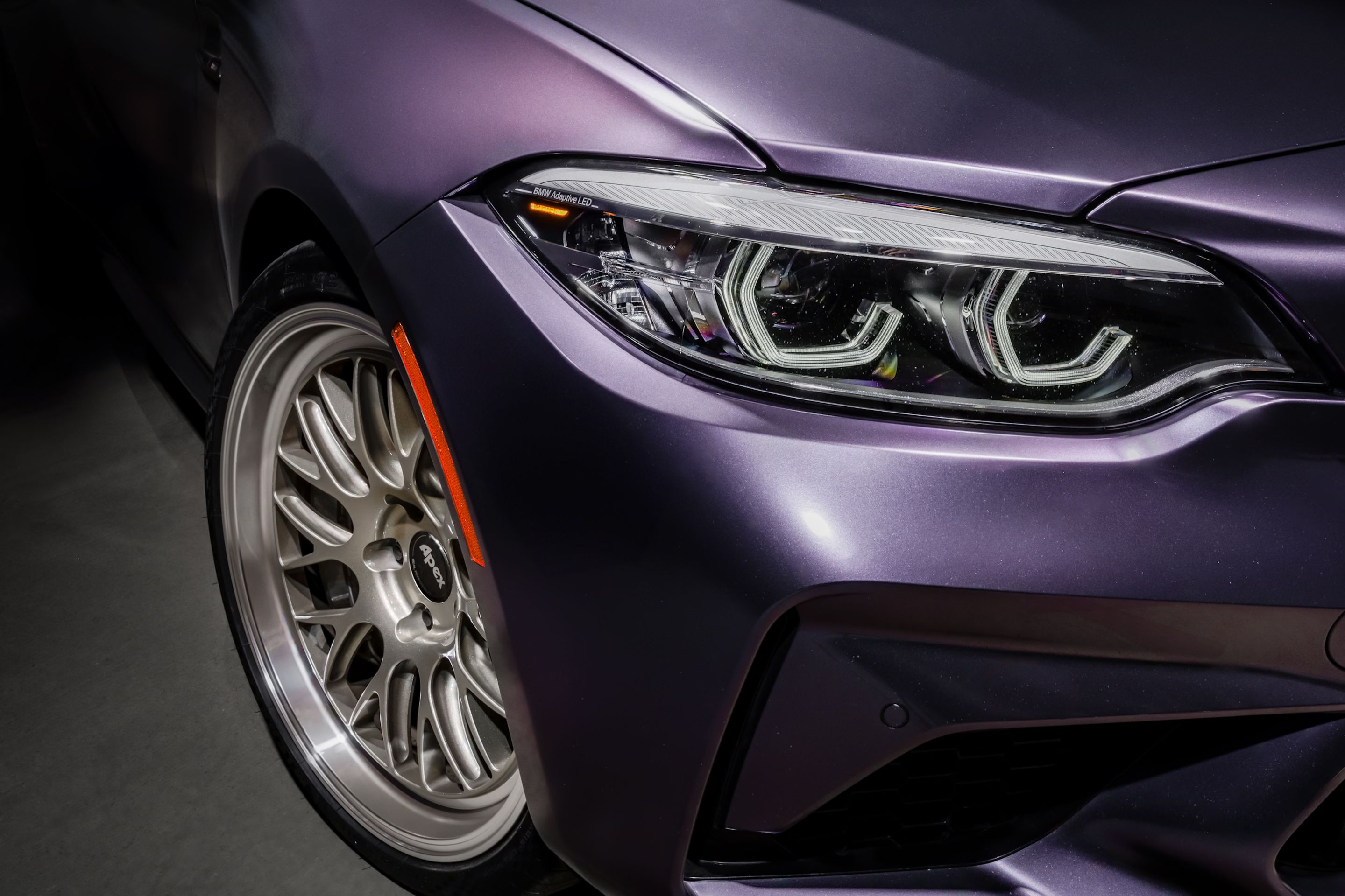 Purple BMW F87 M2 with 19" ML-10RT Apex wheels in Machined Lip Gloss Motorsport Gold