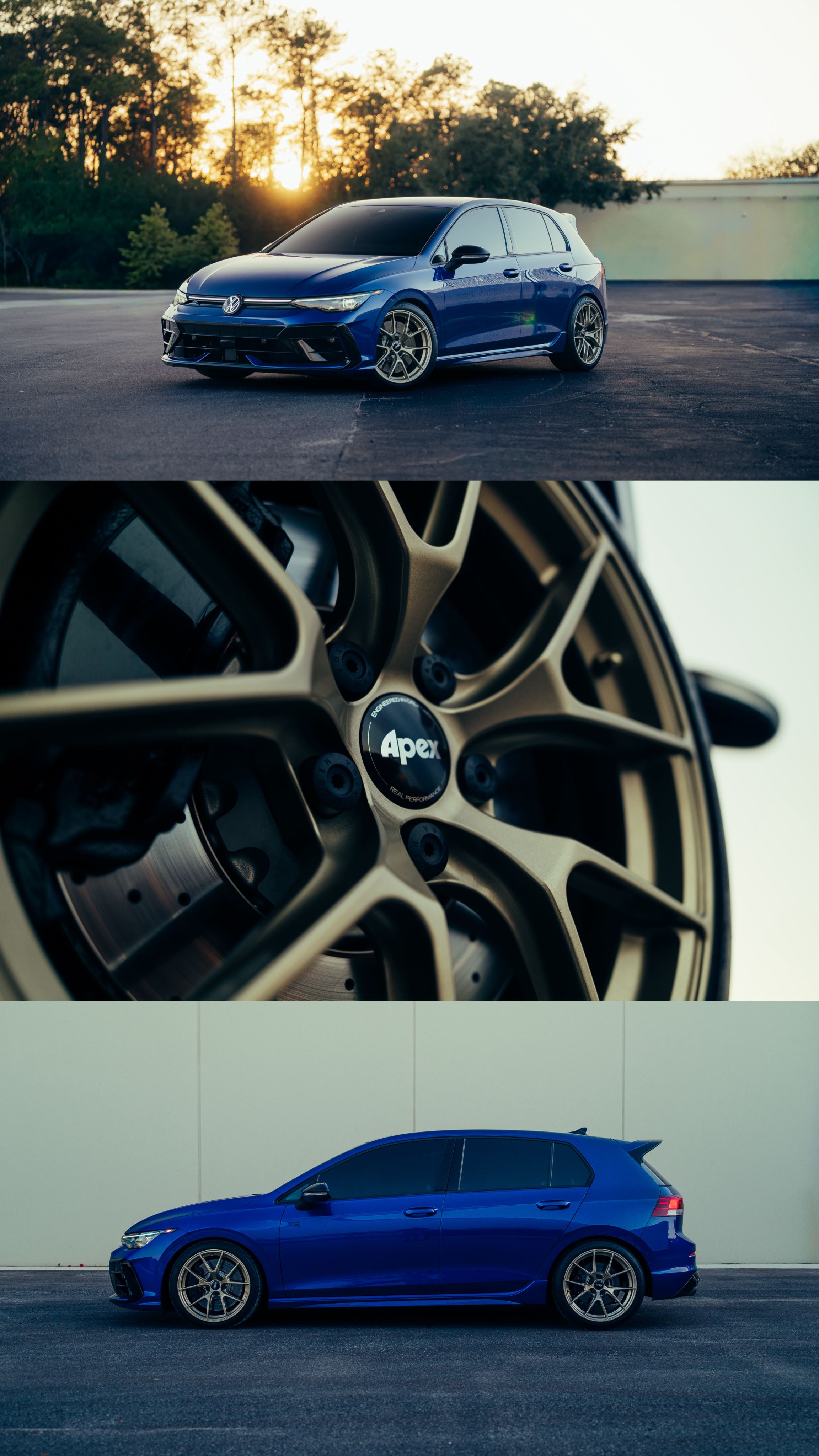 Blue VW MK8 Golf R with 18" VS-5RS Apex wheels in Motorsport Gold