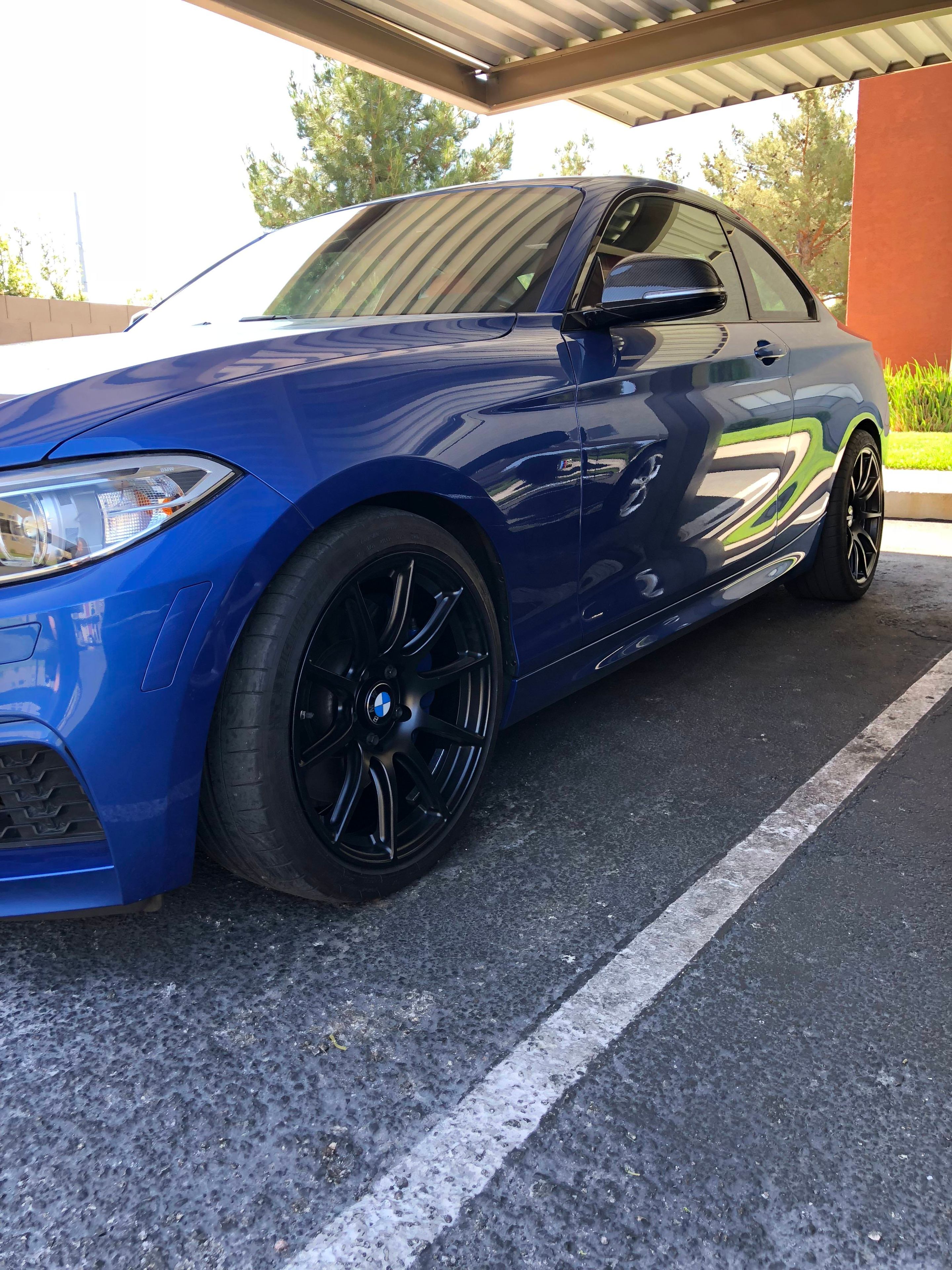 Blue BMW F22 Coupe 2 Series with 18" SM-10 Apex wheels in Satin Black