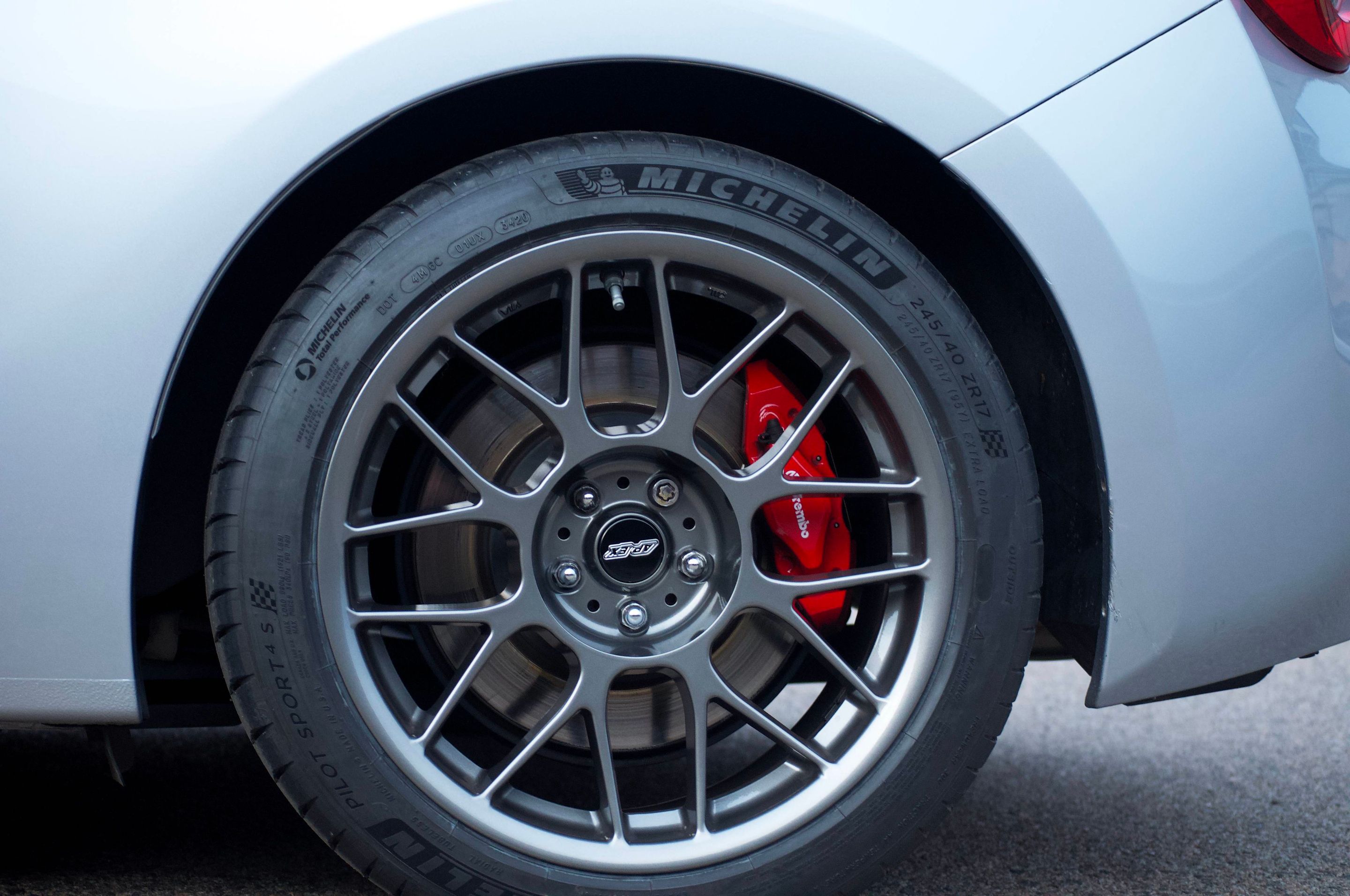 Silver Subaru ZC6 / Gen 1 BRZ with 17" ARC-8 Apex wheels in Anthracite