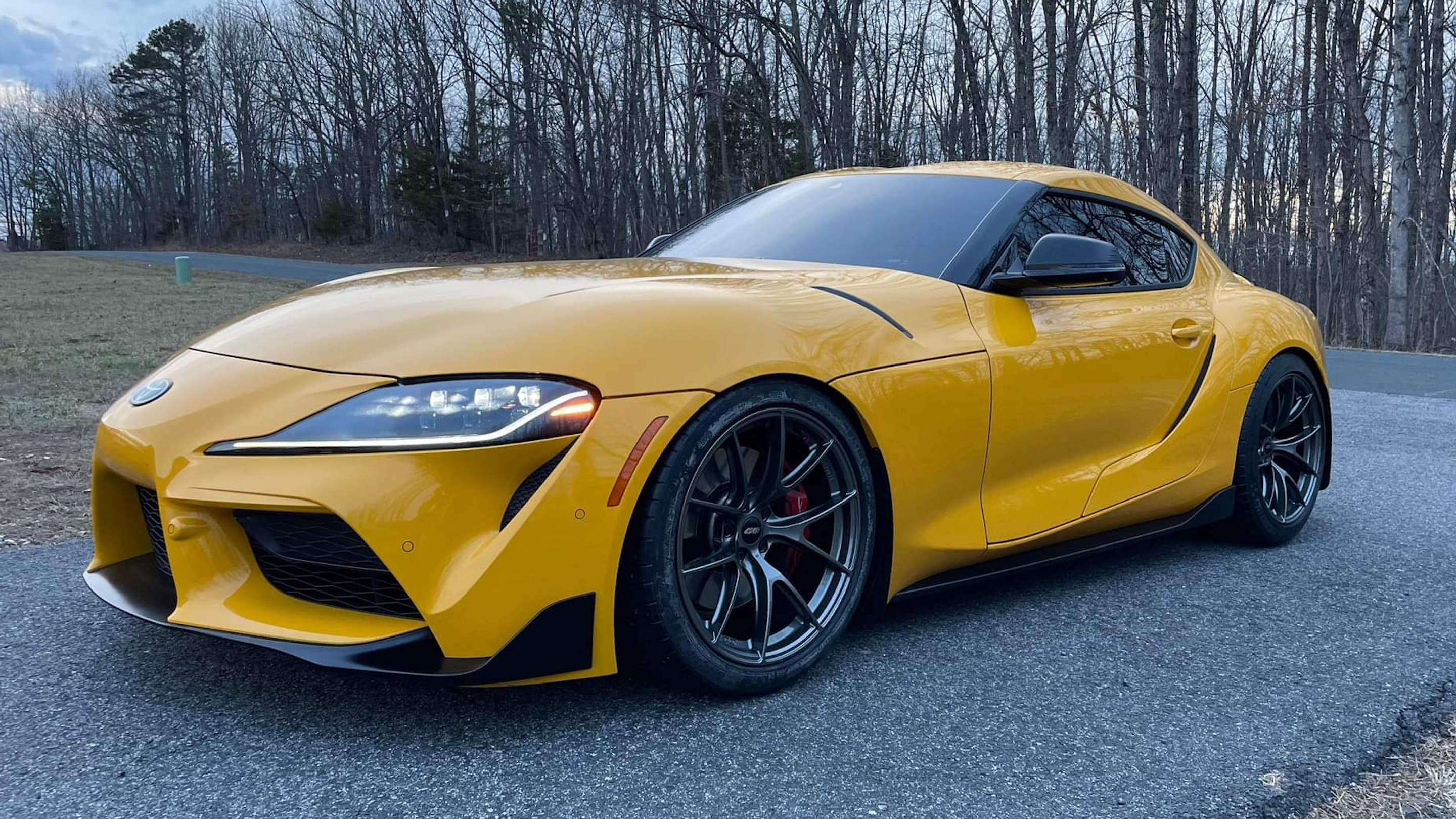 Yellow Toyota GR Supra with 19" VS-5RS Apex wheels in Anthracite