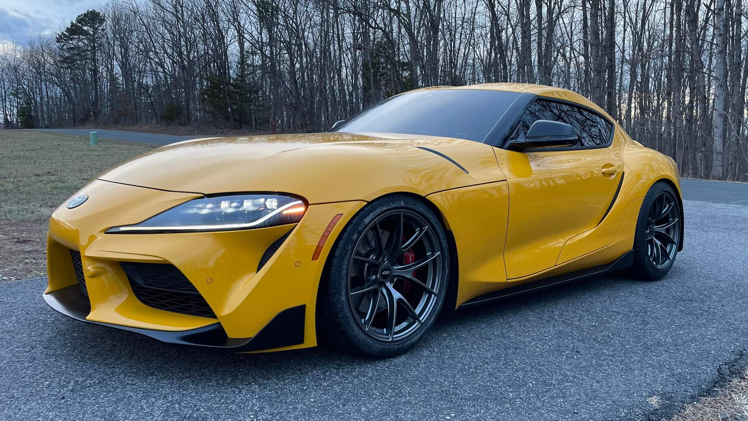 Yellow Toyota GR Supra with 19" VS-5RS Apex wheels in Anthracite