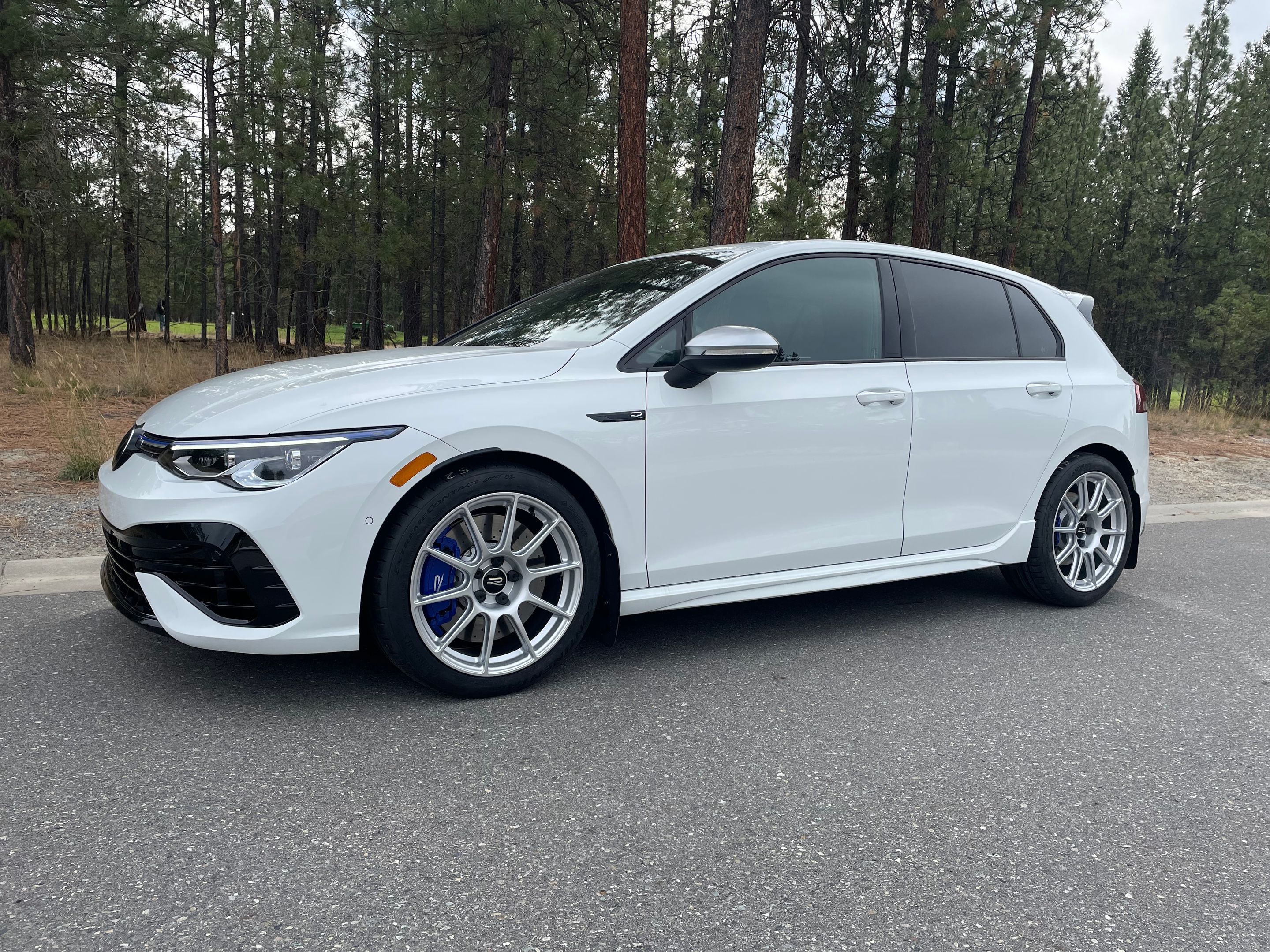 White VW MK8 Golf R with 18" SM-10 Apex wheels in Race Silver