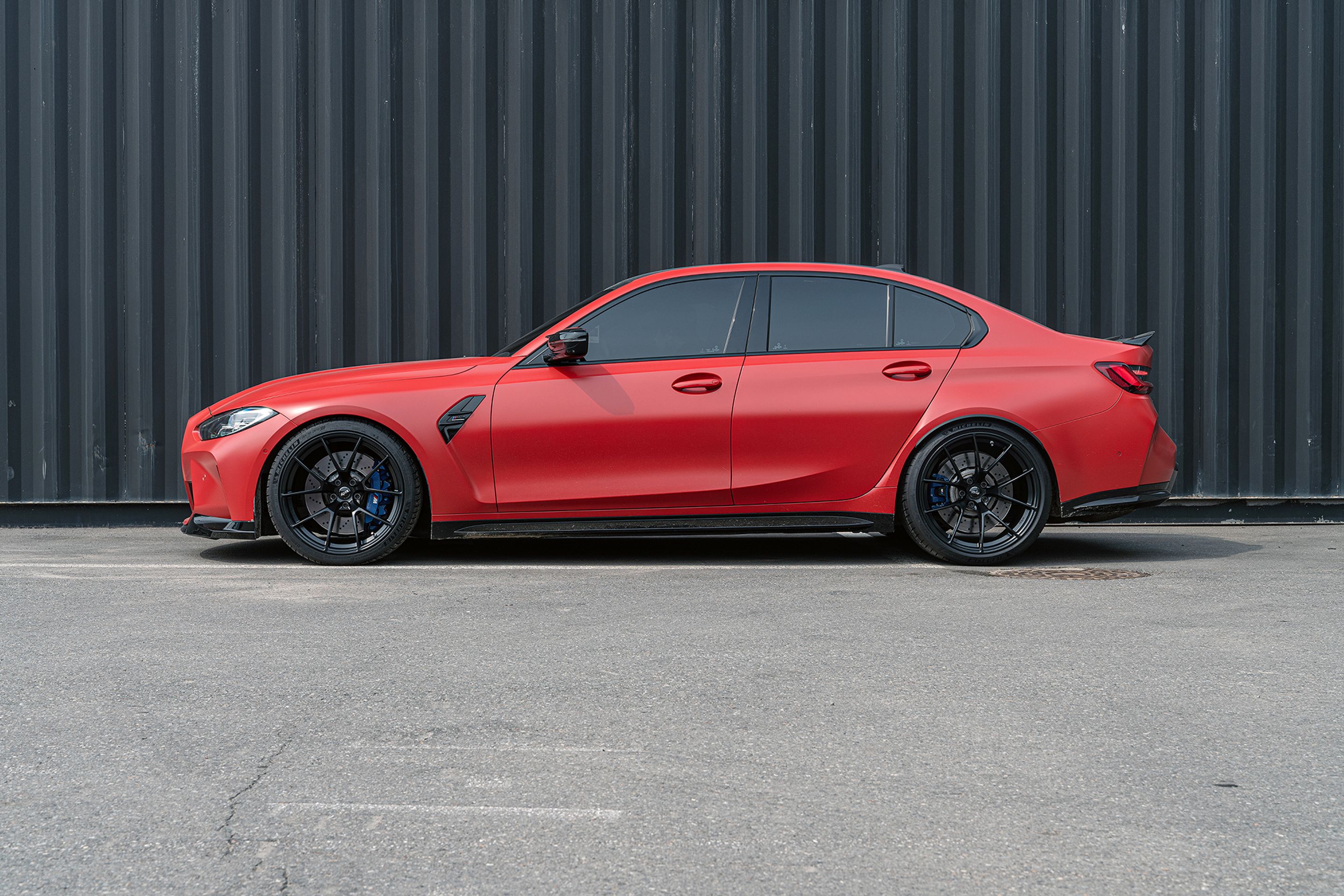 Red BMW G80 M3 with 20" VS-5RS Apex wheels in Satin Black