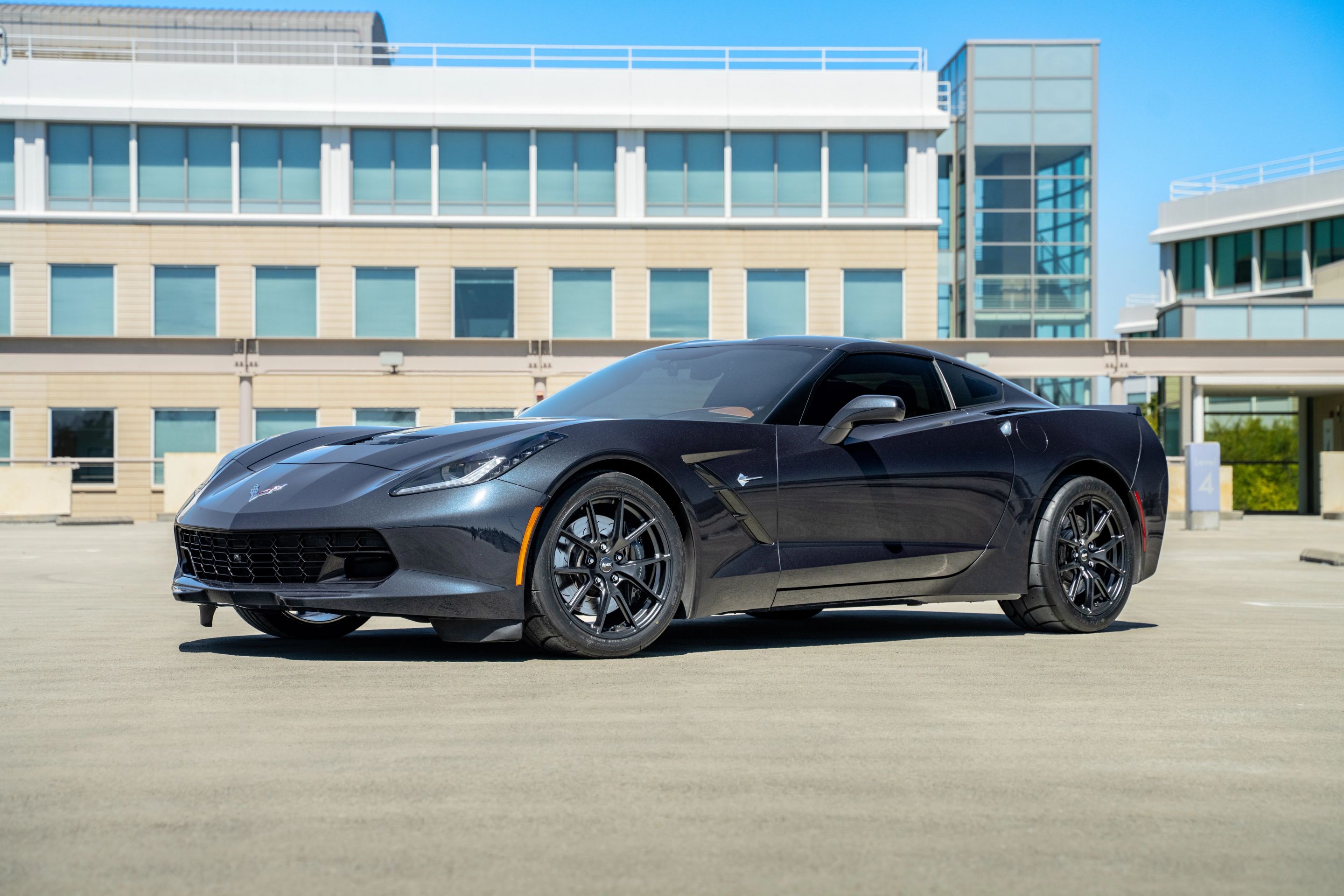 Grey Chevrolet C7 Corvette Stingray/Z51 with 18" VS-5 Apex wheels in Satin Black
