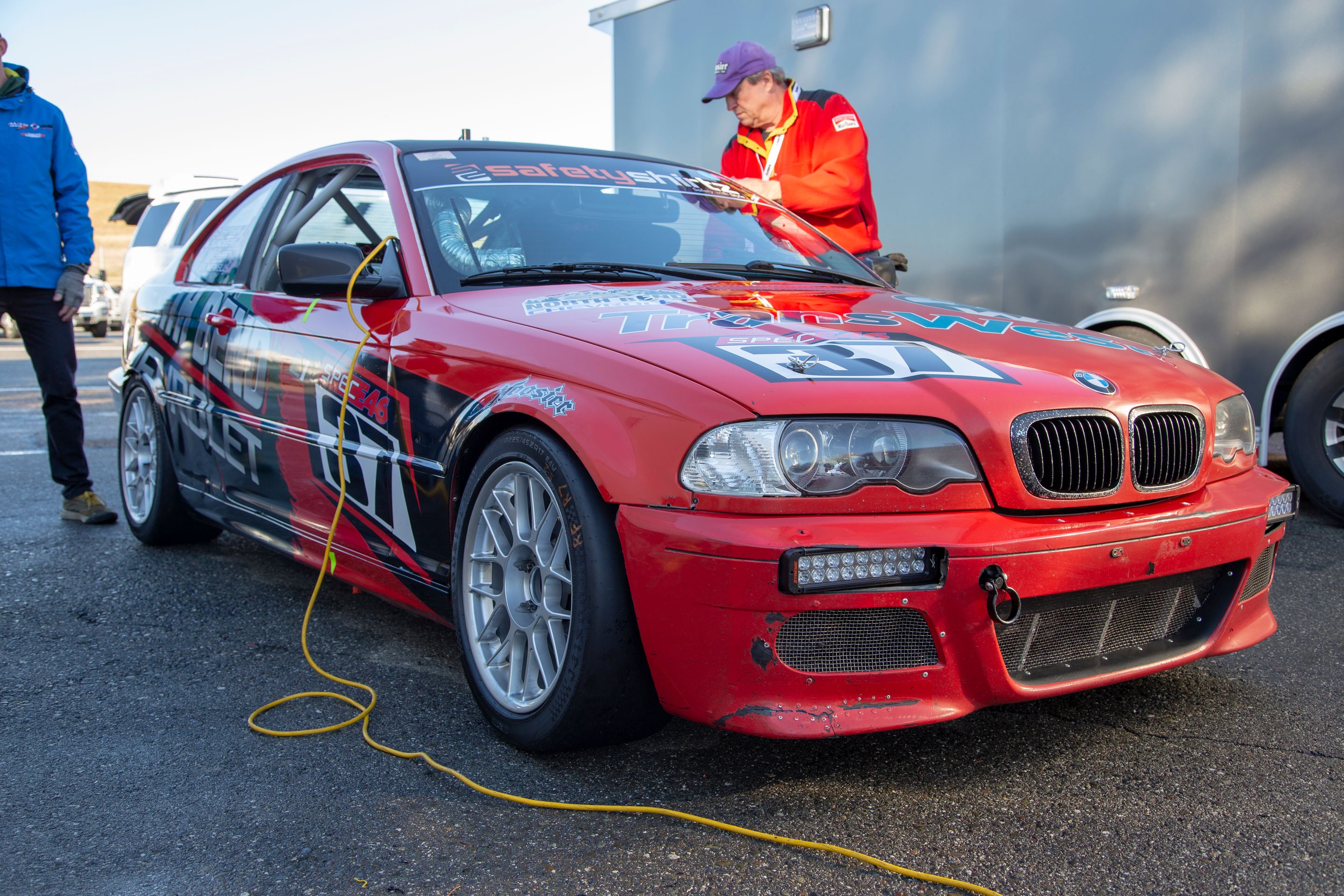 Red BMW Spec E46 with 17" ARC-8 Apex wheels in Race Silver