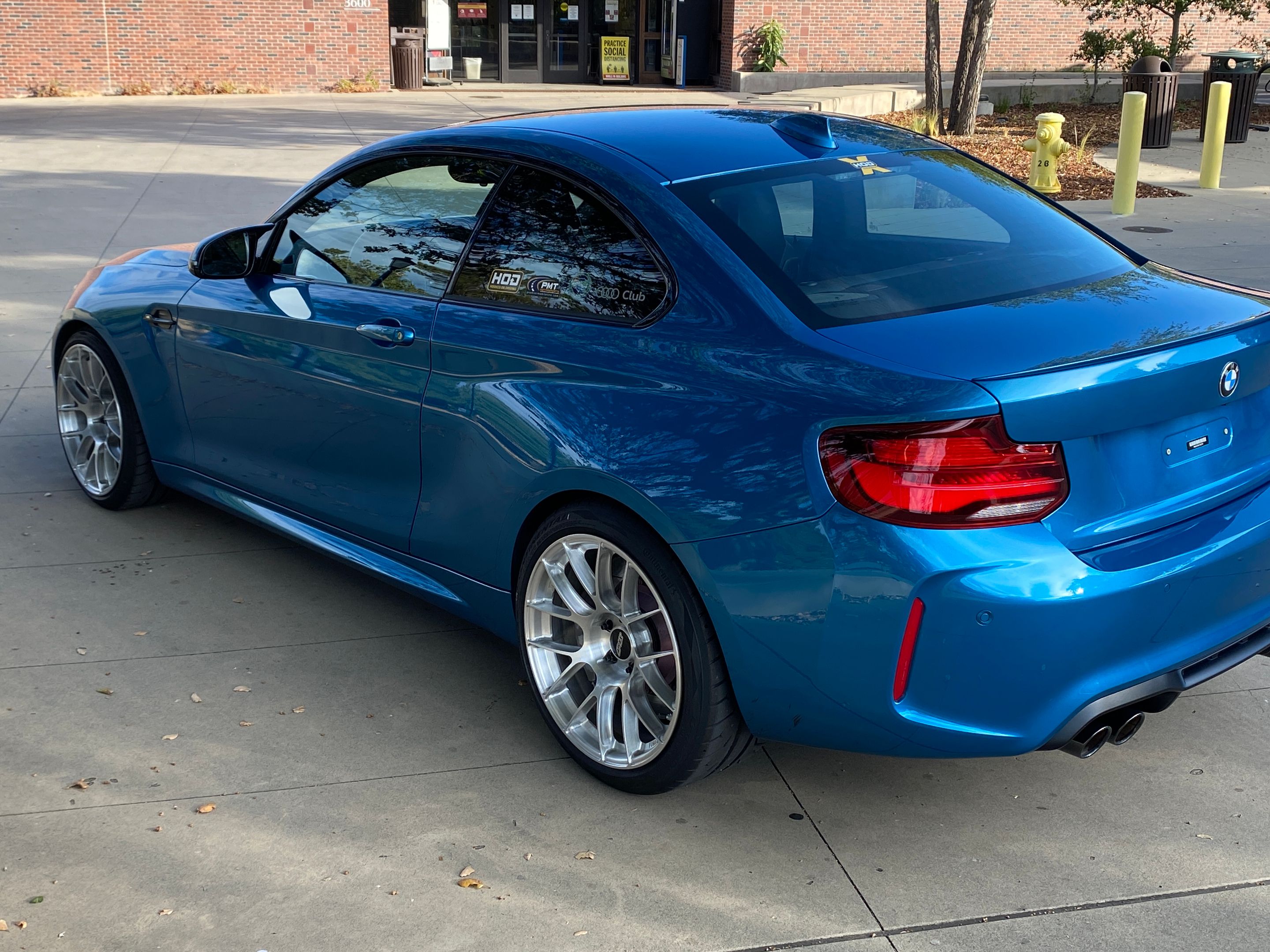Blue BMW F87 M2 with 19" EC-7RS Apex wheels in Brushed Clear