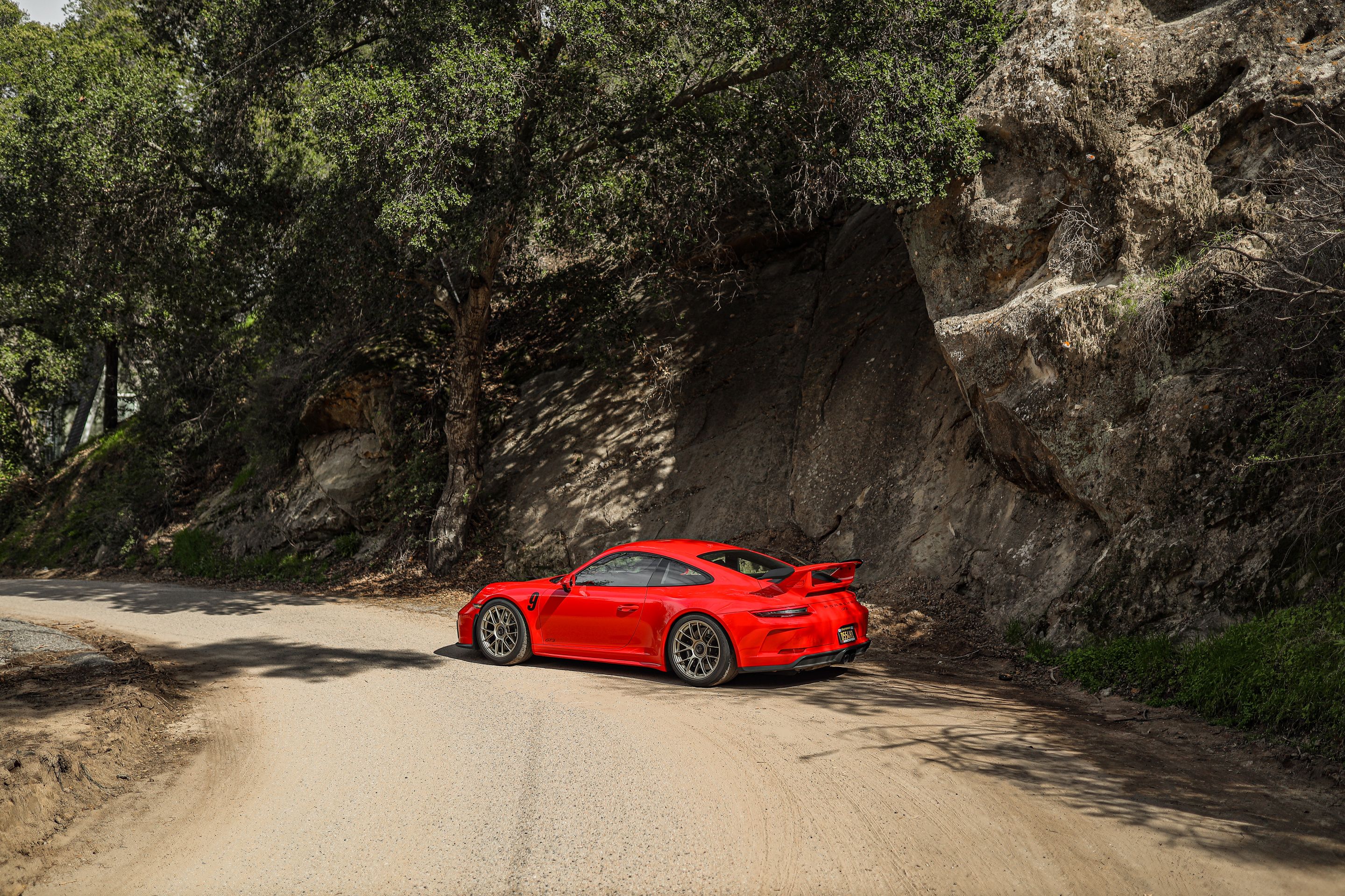 Red Porsche 911 991.2 GT3 with 19" EC-7RS Apex wheels in Motorsport Gold