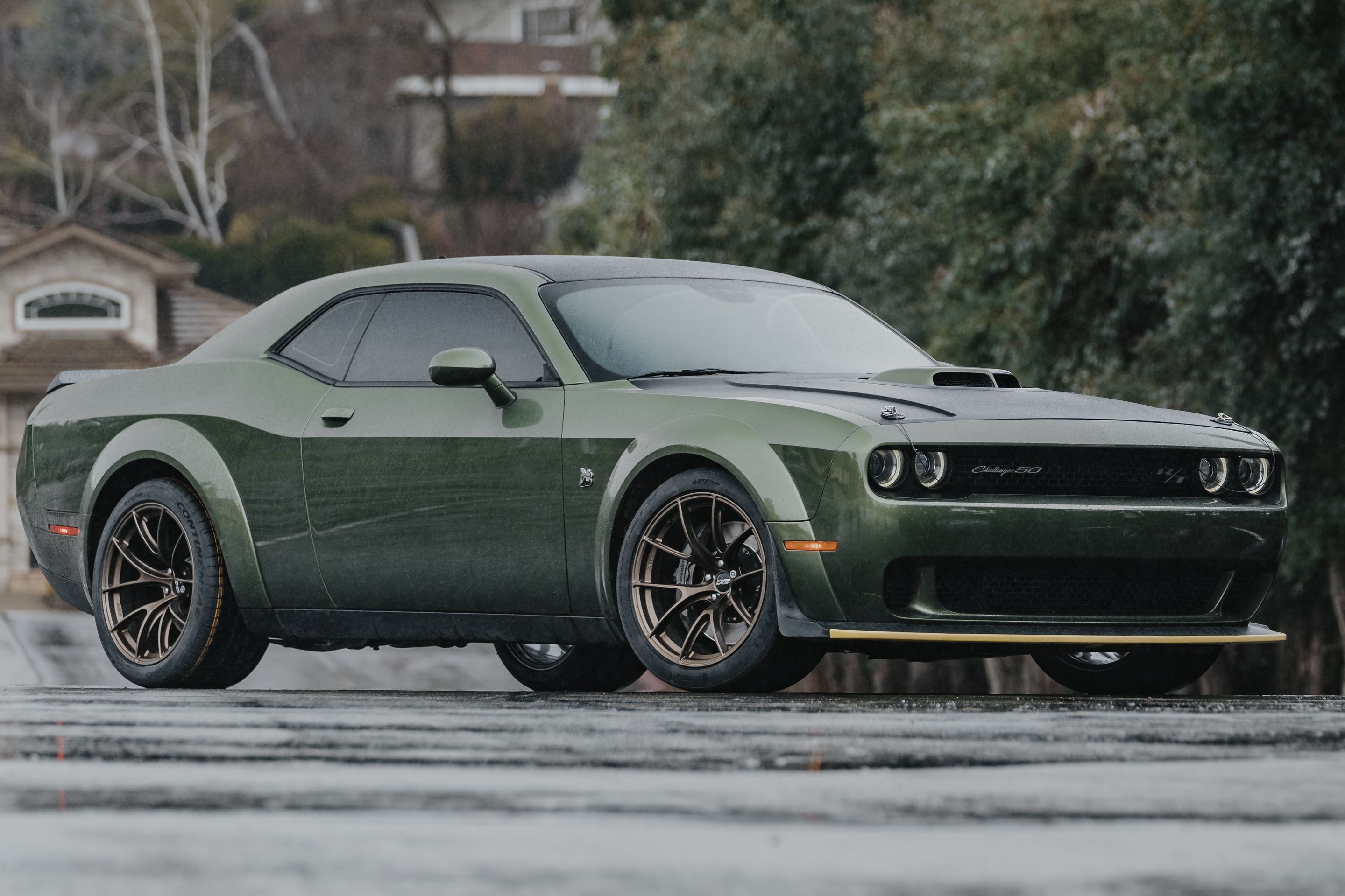 Green Dodge Challenger R/T Scat Pack Widebody with 20" VS-5RS Apex wheels in Satin Bronze