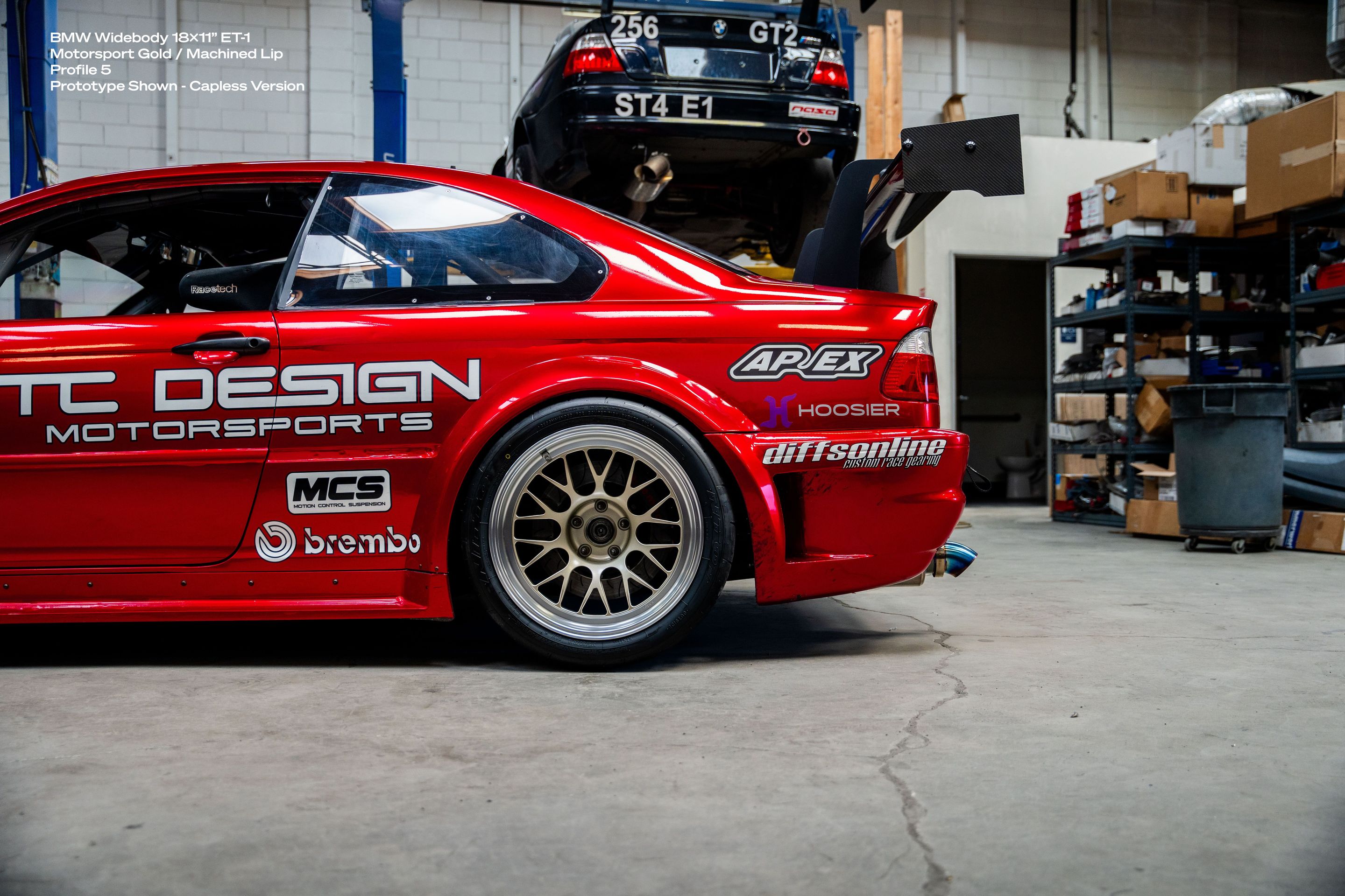 Red BMW E46 M3 with 18" ML-10RT Apex wheels in Machined Lip Gloss Motorsport Gold