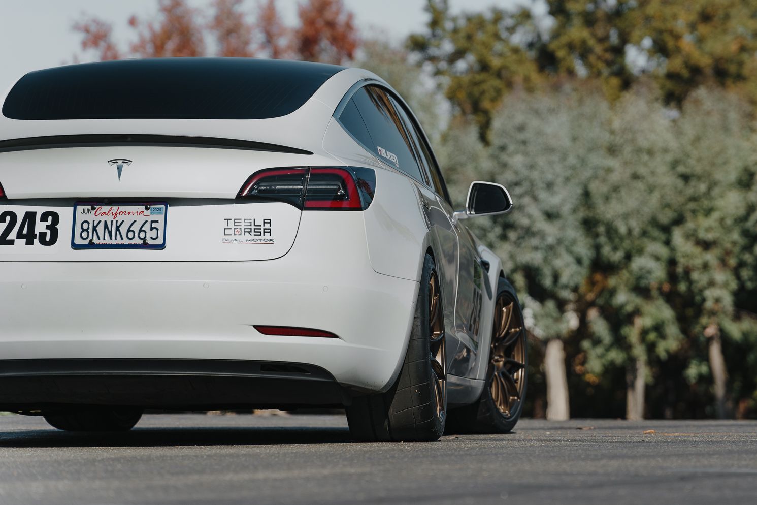 White Tesla Model 3 with 19" SM-10RS Apex wheels in Satin Bronze