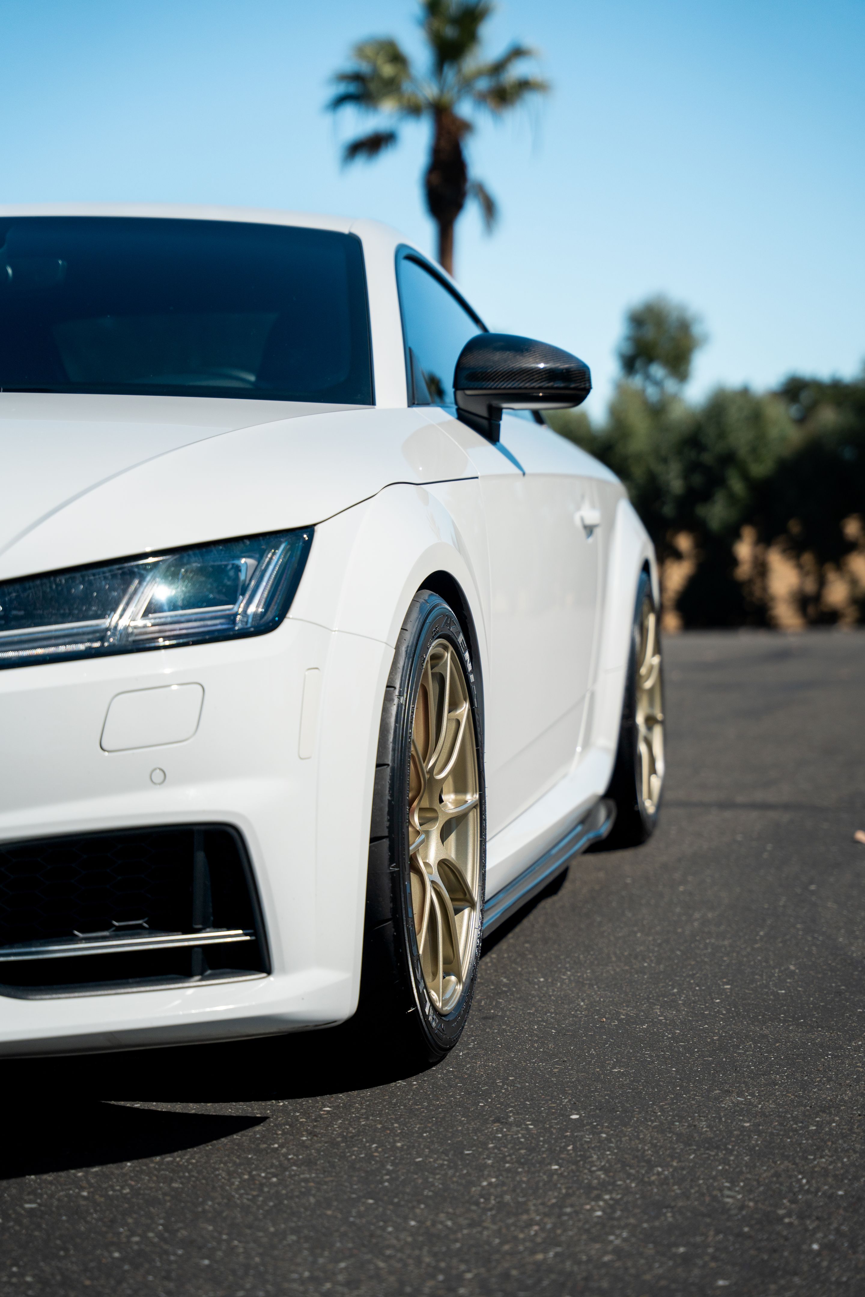 White Audi 8S TTS with 18" SM-10RS Apex wheels in Motorsport Gold