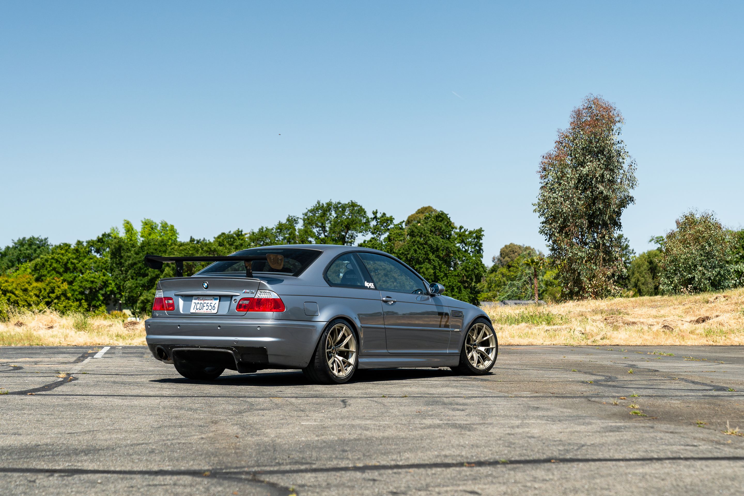Grey BMW E46 M3 with 18" VS-5RS Apex wheels in Motorsport Gold