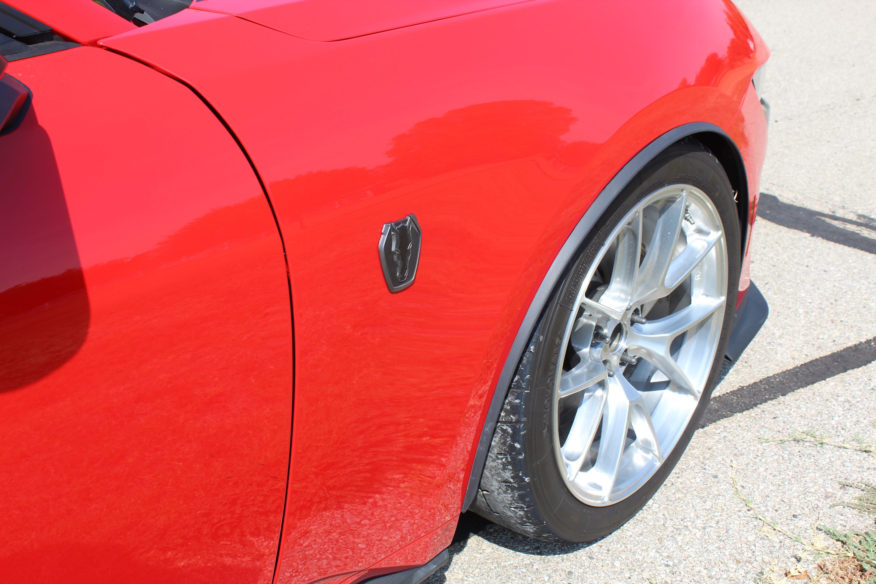 Red Ford S650 Mustang Dark Horse with 19" VS-5RS Apex wheels in Brushed Clear