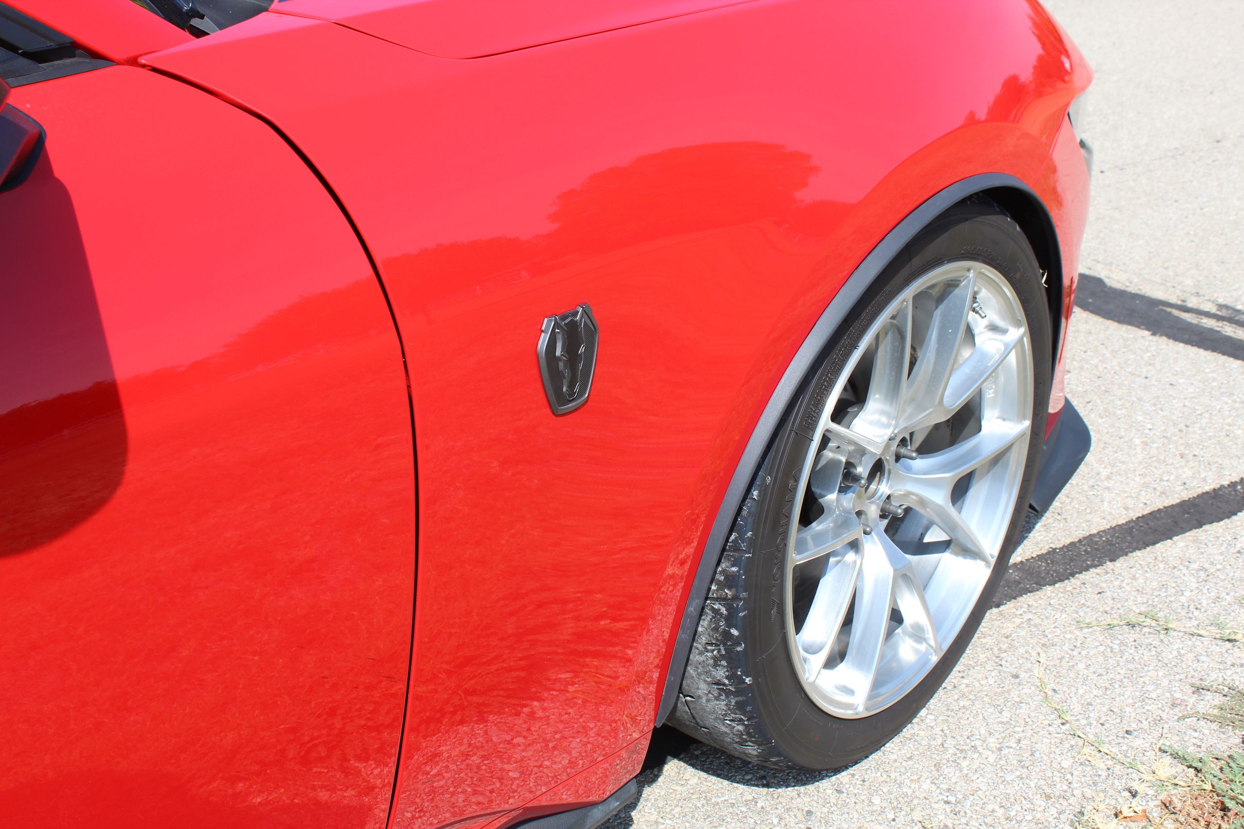 Red Ford S650 Mustang Dark Horse with 19" VS-5RS Apex wheels in Brushed Clear