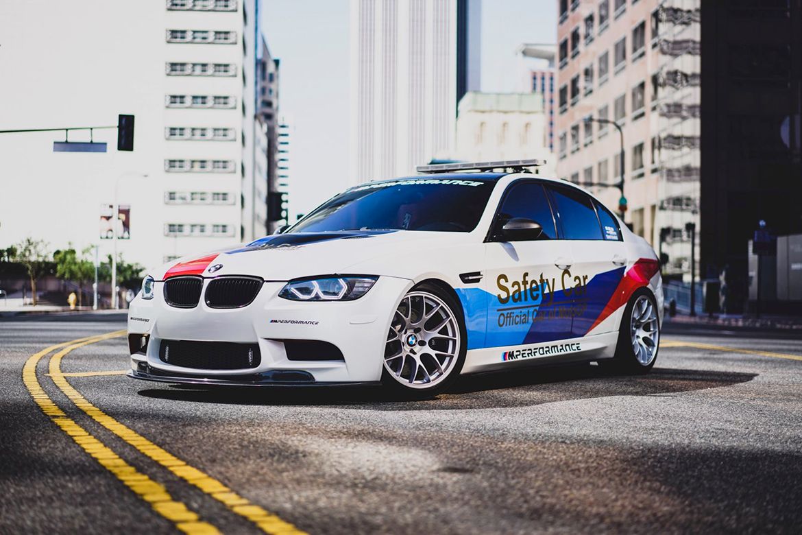 White BMW E90 Sedan M3 with 18" EC-7 Apex wheels in Race Silver