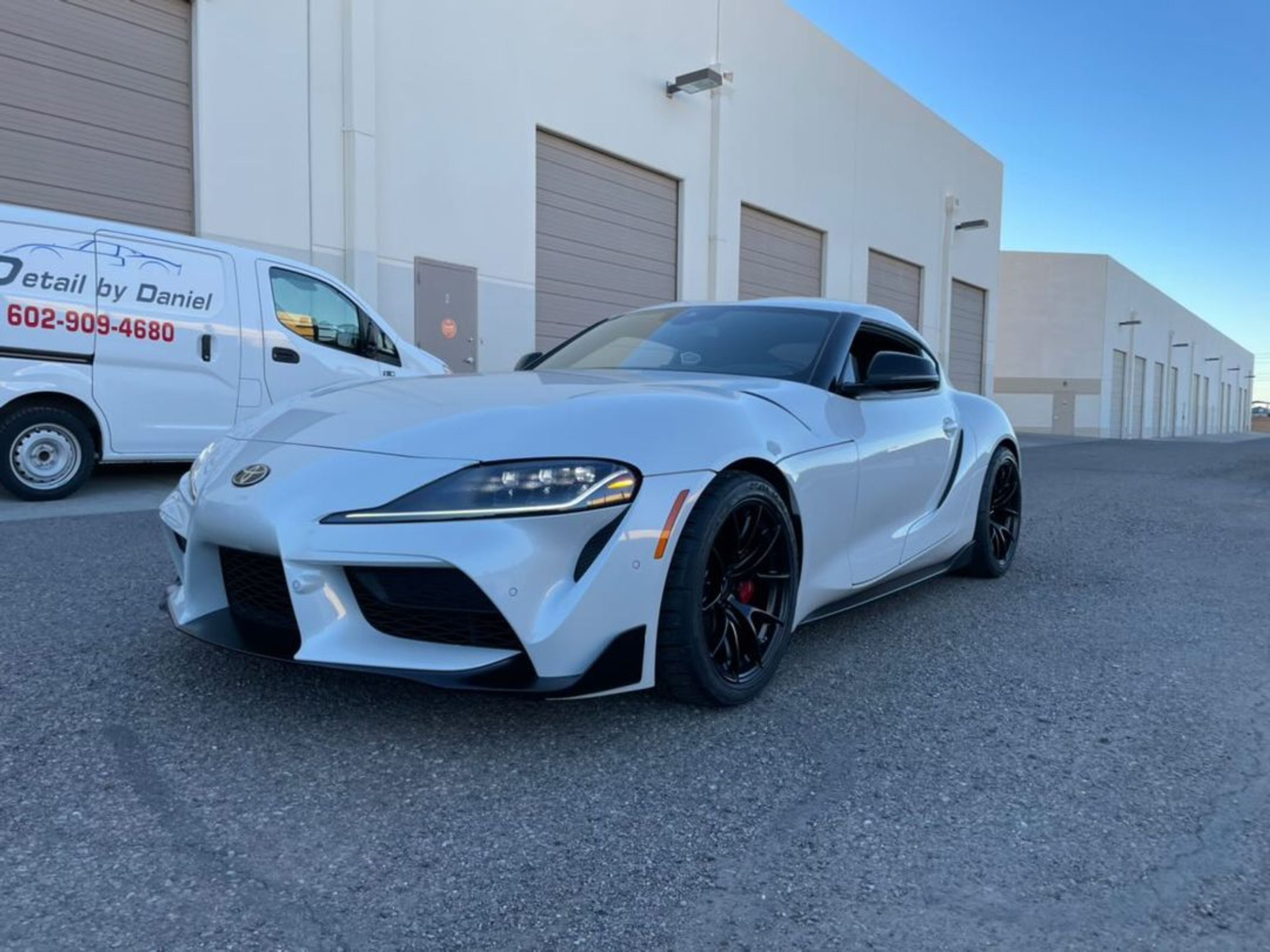 White Toyota GR Supra with 18" VS-5RS Apex wheels in Satin Black