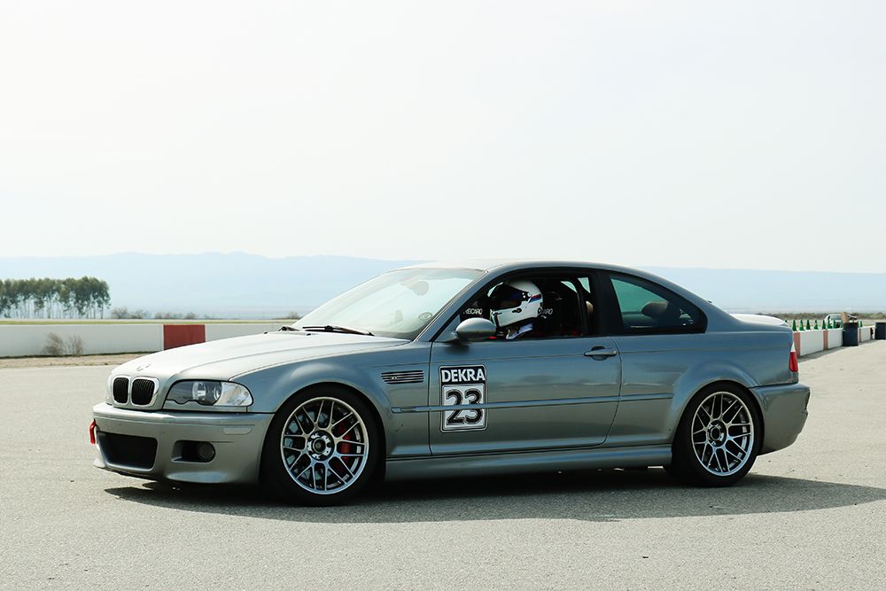 Grey BMW E46 M3 with 18" ARC-8 Apex wheels in Hyper Black