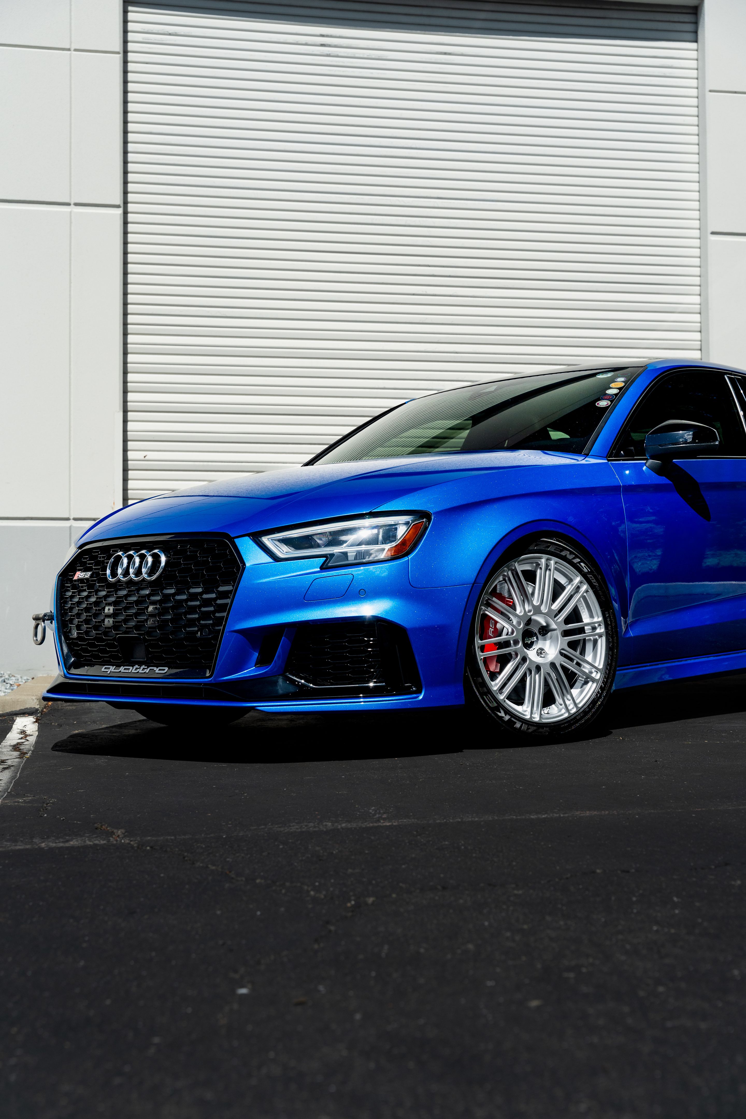 Blue Audi 8V RS 3 with 18" TC-10RT Apex wheels in Race Silver