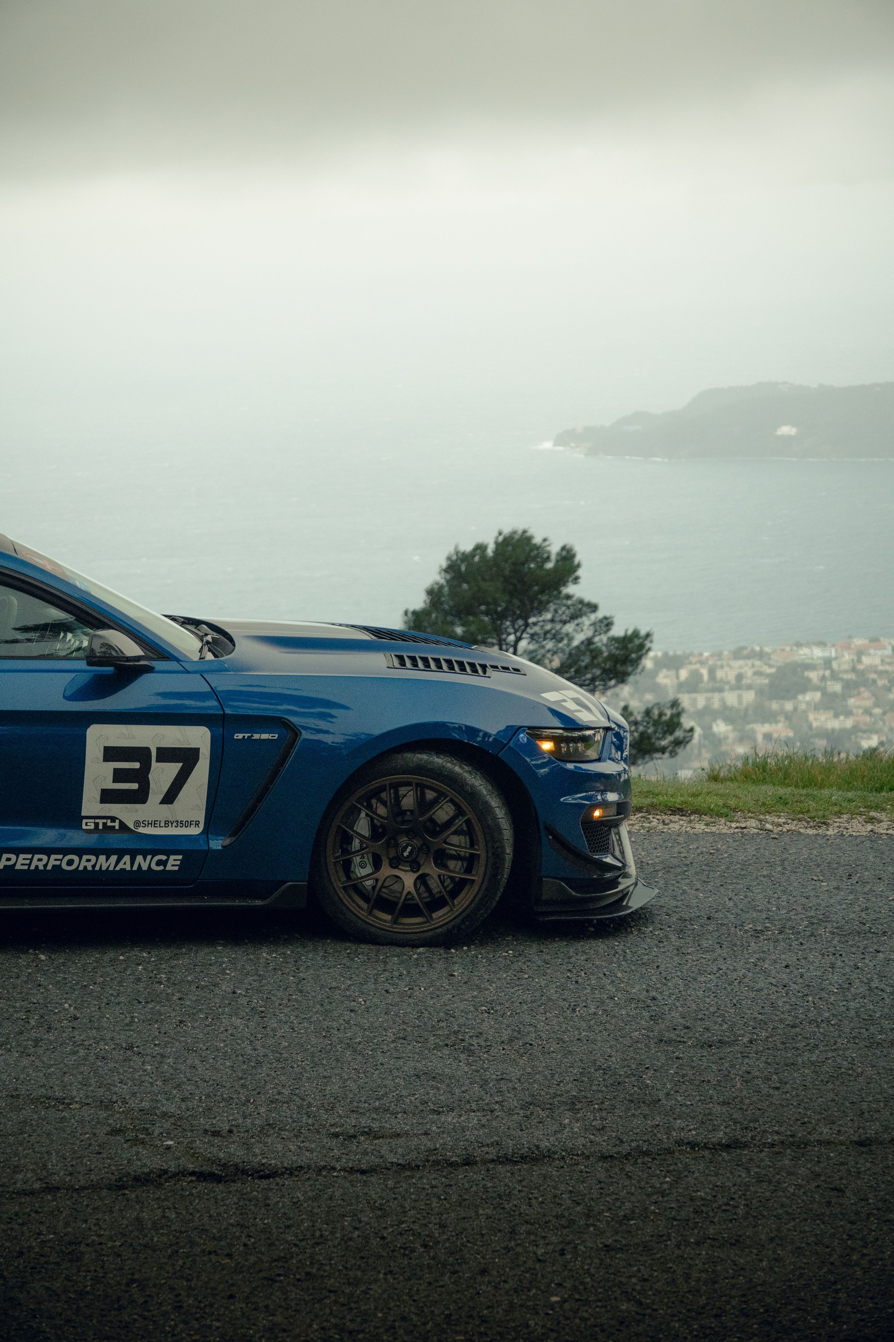 Blue Ford S550 Mustang GT350 with 19" EC-7 Apex wheels in Satin Bronze