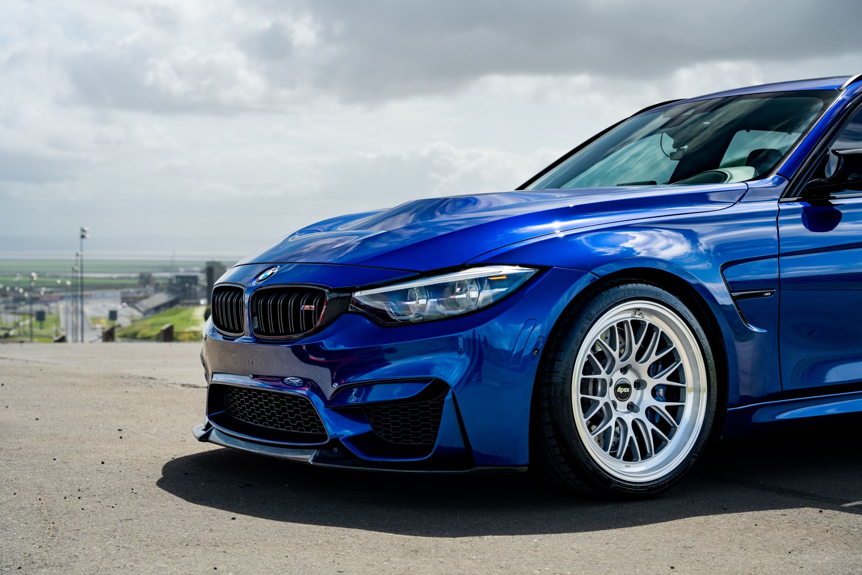 Blue BMW F80 M3 with 19" ML-10RT Apex wheels in Machined Lip Race Silver
