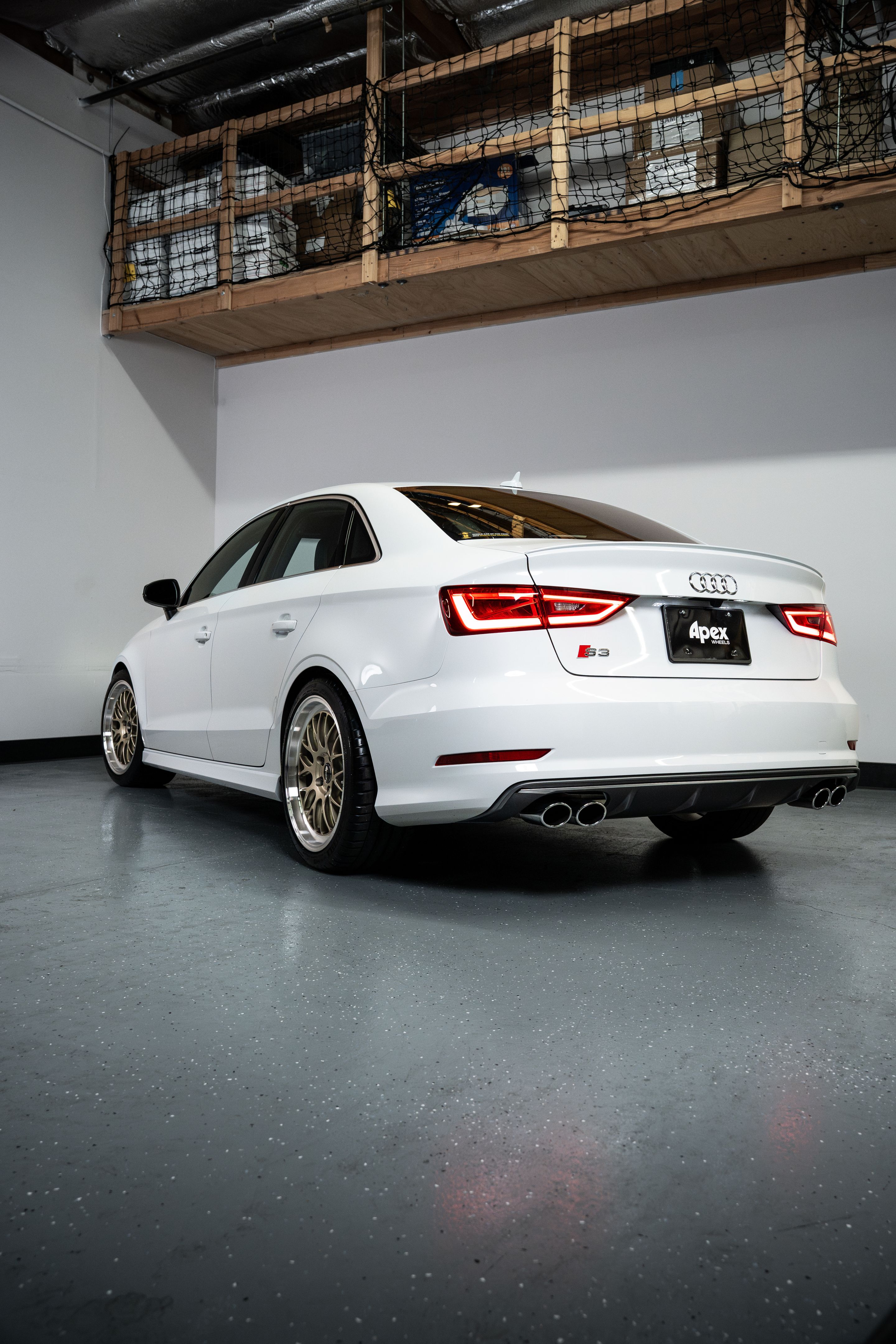 White Audi 8V S3 with 18" ML-10RT Apex wheels in Machined Lip Gloss Motorsport Gold