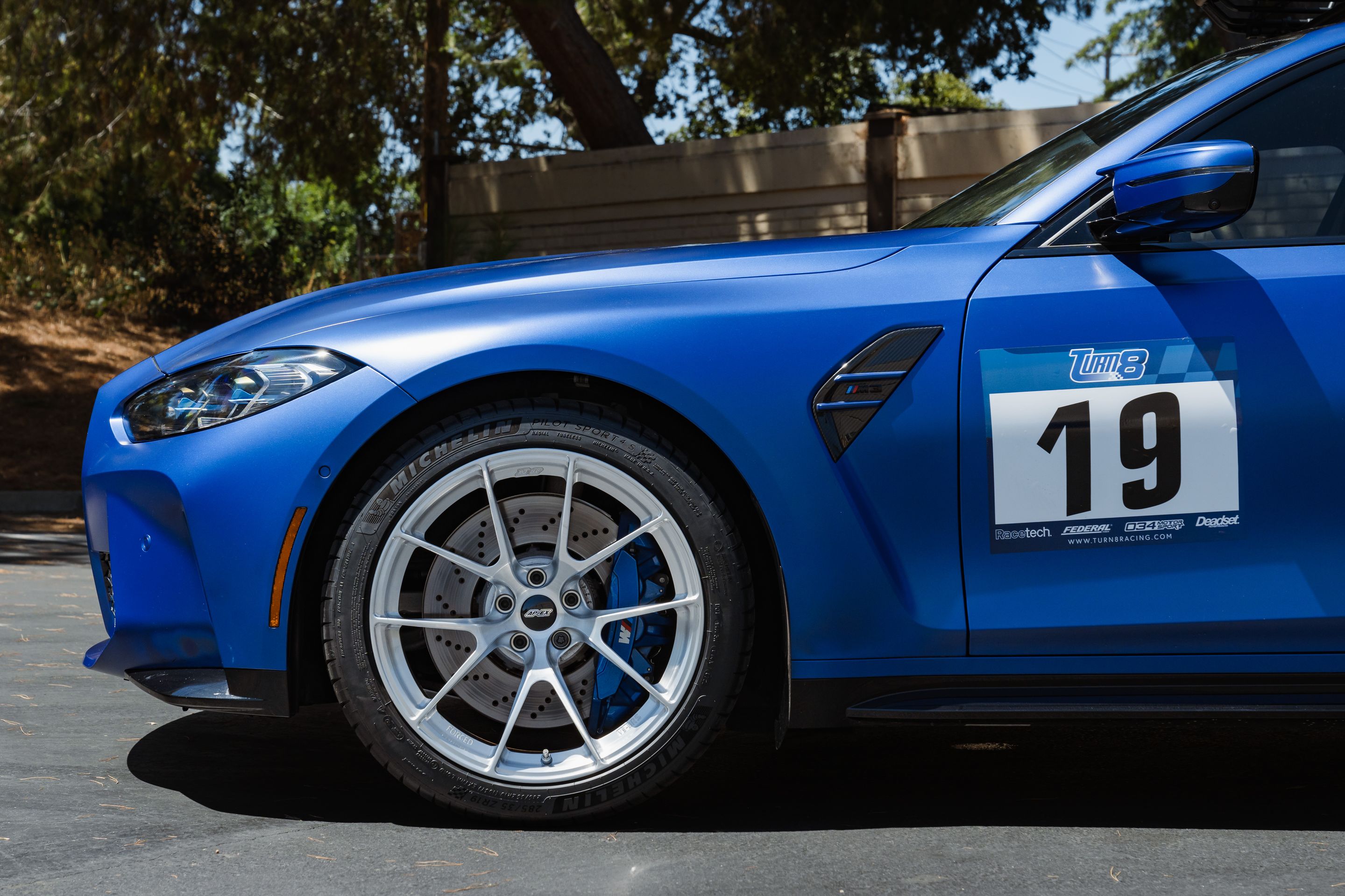 Blue BMW G80 M3 with 19"/20" VS-5RS Apex wheels in Brushed Clear