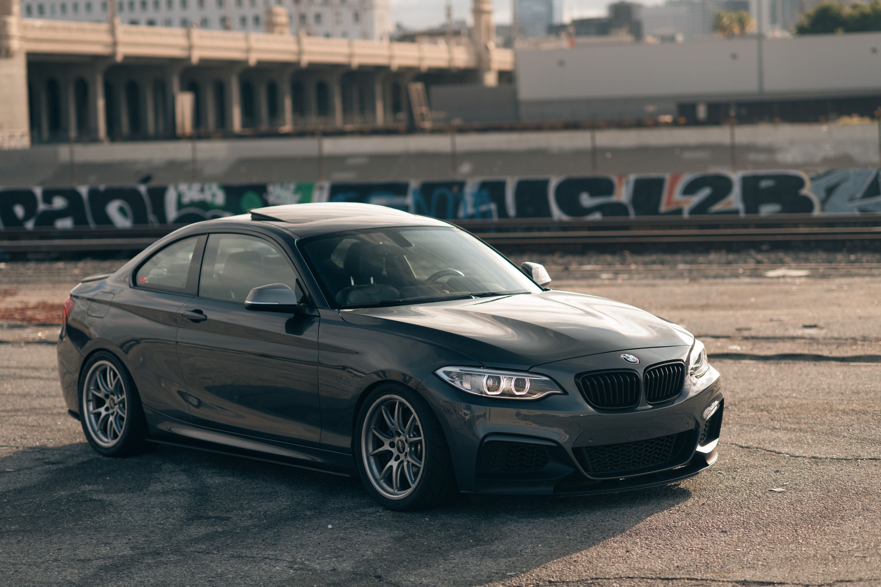 Grey BMW F22 Coupe 2 Series with 18" FL-5 Apex wheels in Race Silver