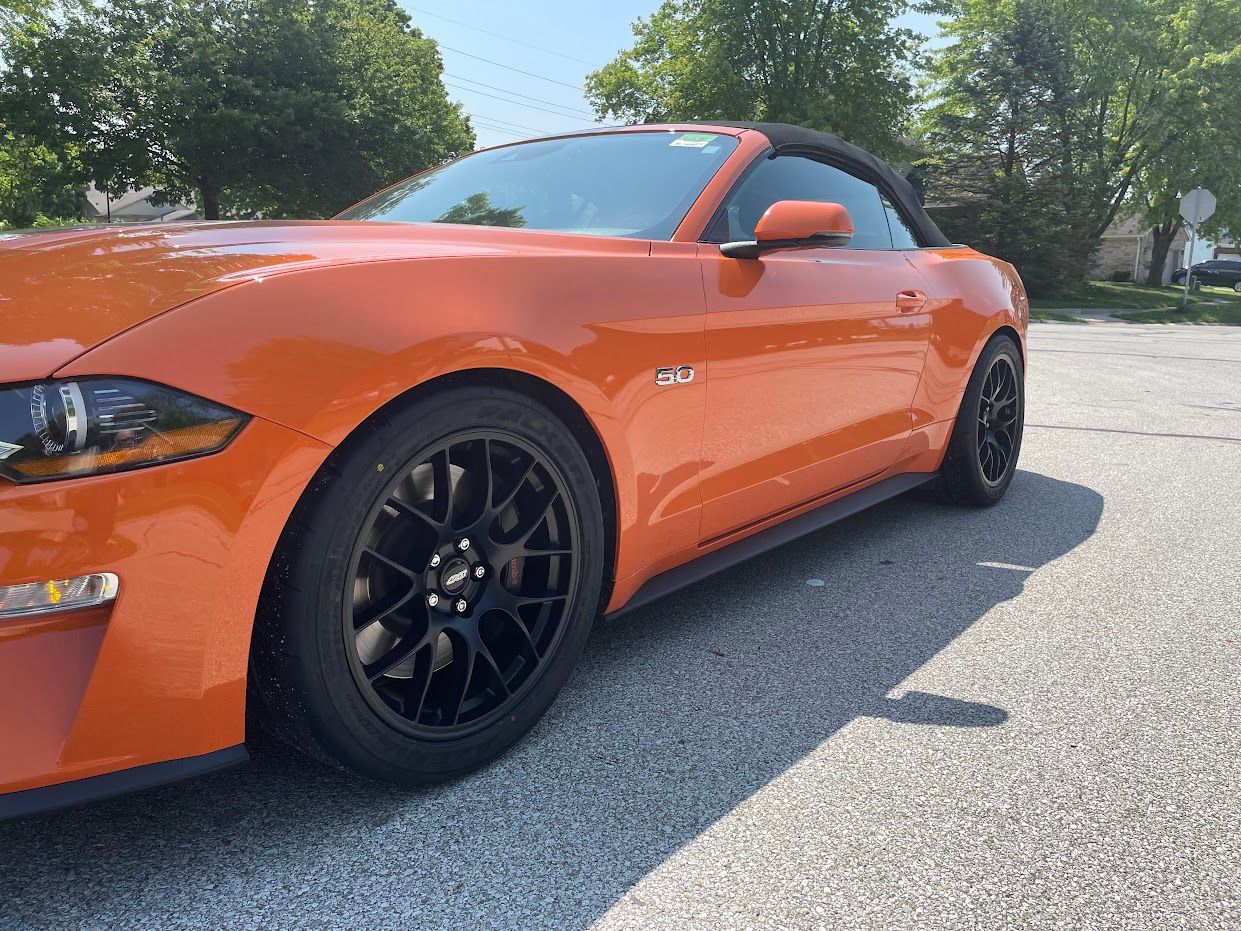 Orange Ford S550 Mustang GT with 19" EC-7 Apex wheels in Satin Black