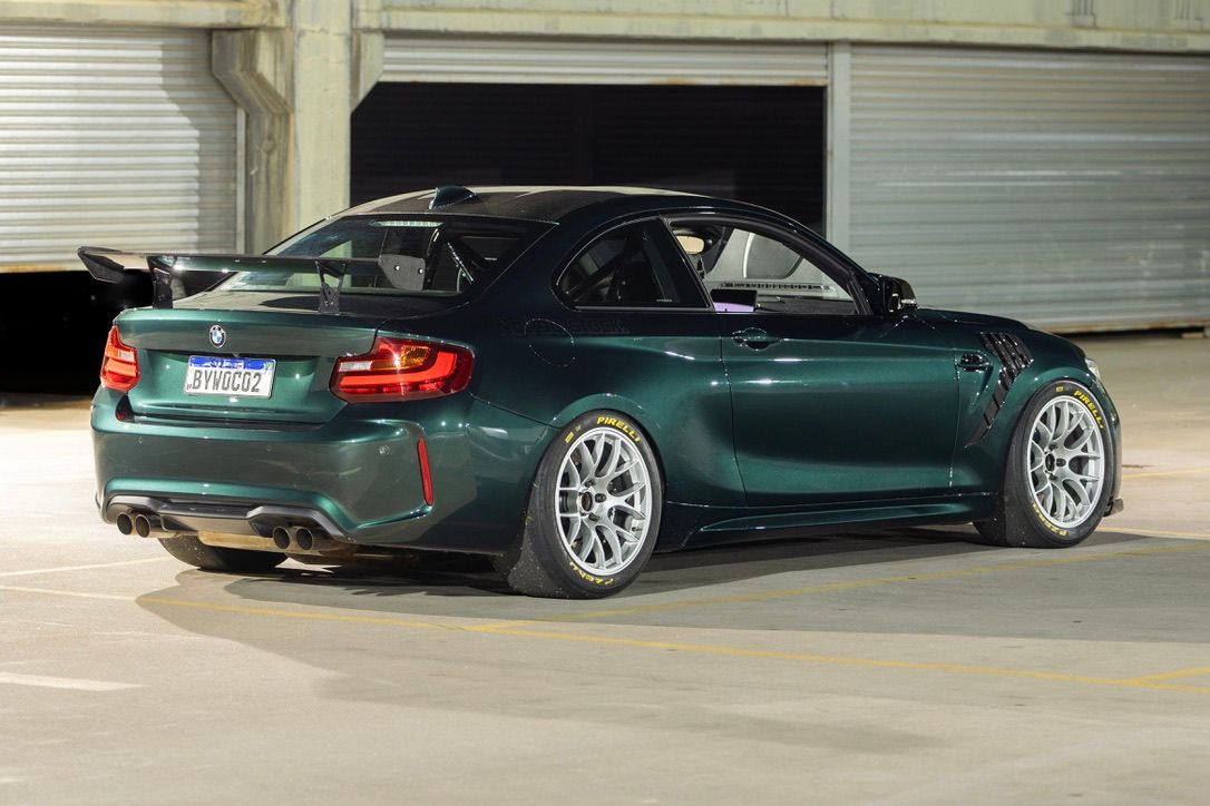 Green BMW F87 M2 with 18" EC-7 Apex wheels in Race Silver