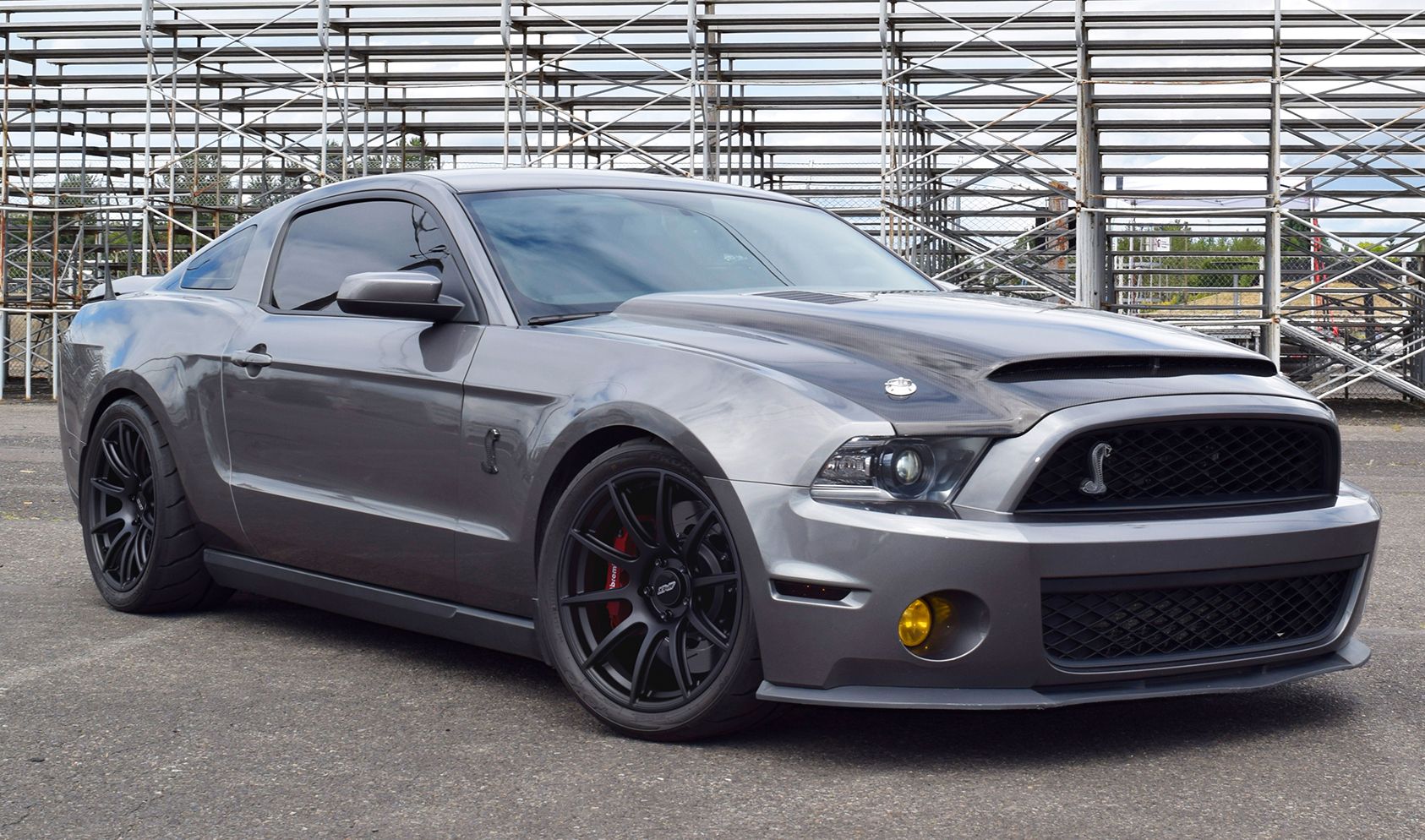 Grey Ford S197 Mustang GT500 with 19" SM-10 Apex wheels in Satin Black