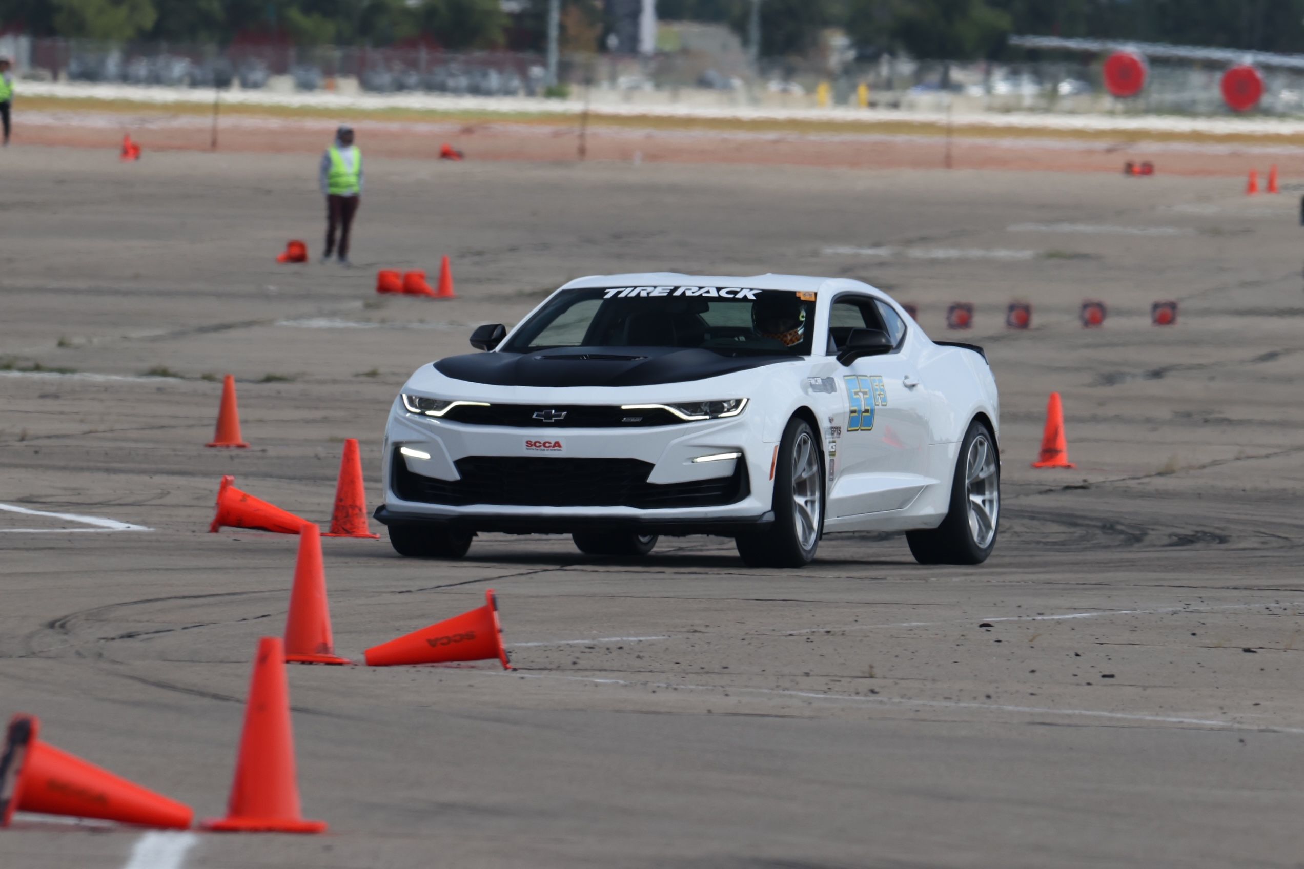 White Chevrolet 6th Gen Camaro SS with 19" VS-5RS Apex wheels in Brushed Clear