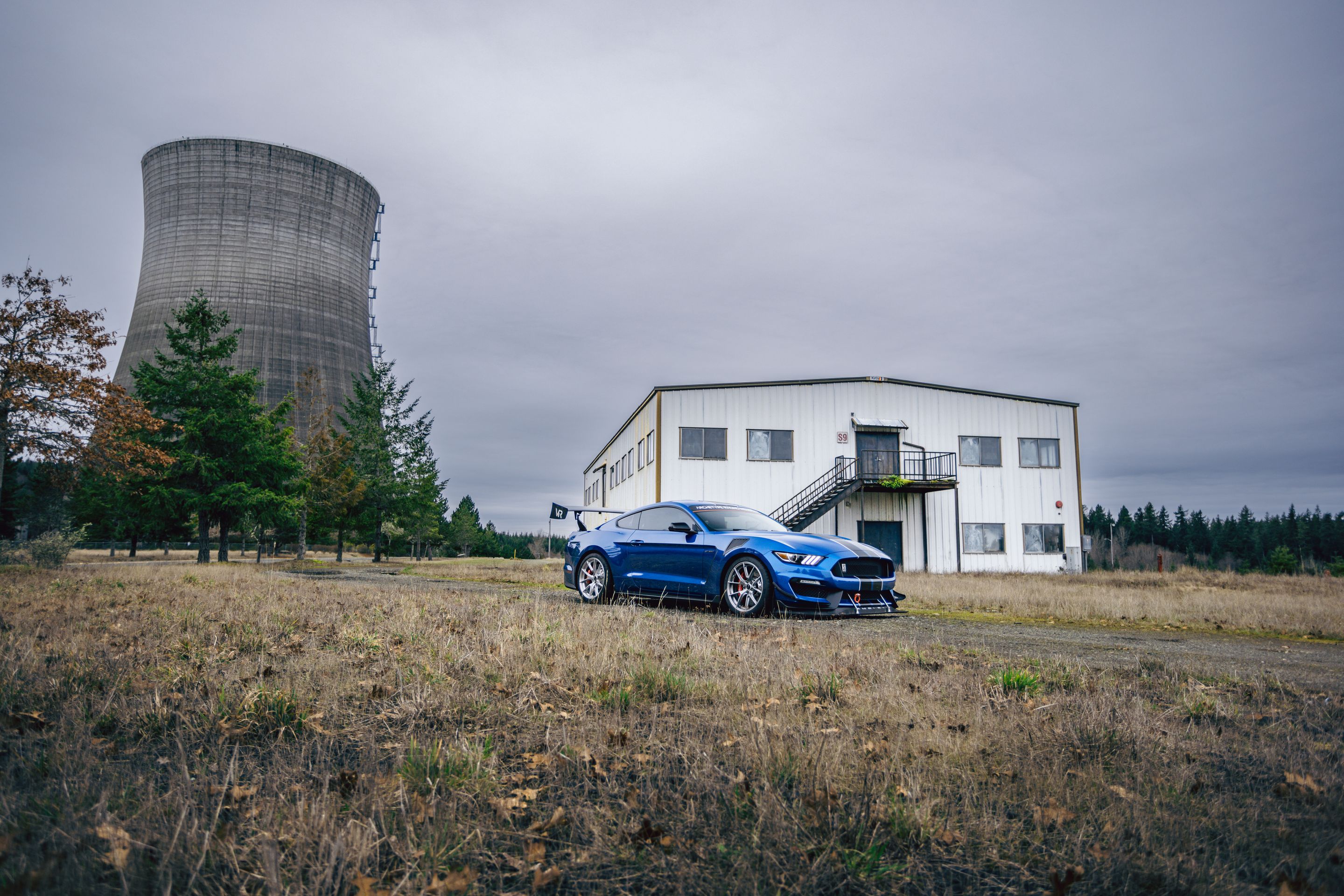 Blue Ford S550 Mustang GT350 with 19" VS-5RS Apex wheels in Brushed Clear