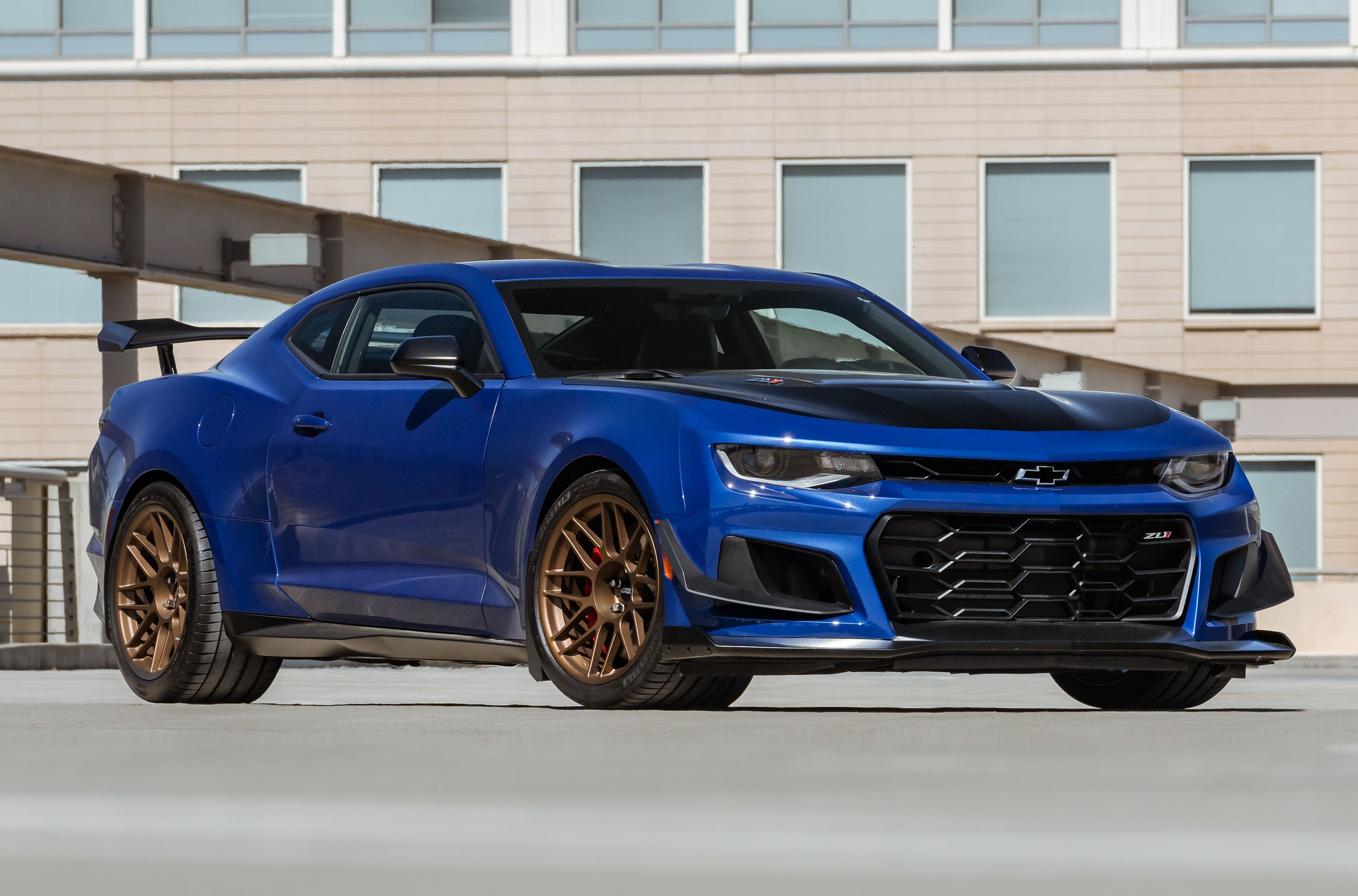 Blue Chevrolet 6th Gen Camaro ZL1 1LE with 19" ARC-8 Apex wheels in Satin Bronze
