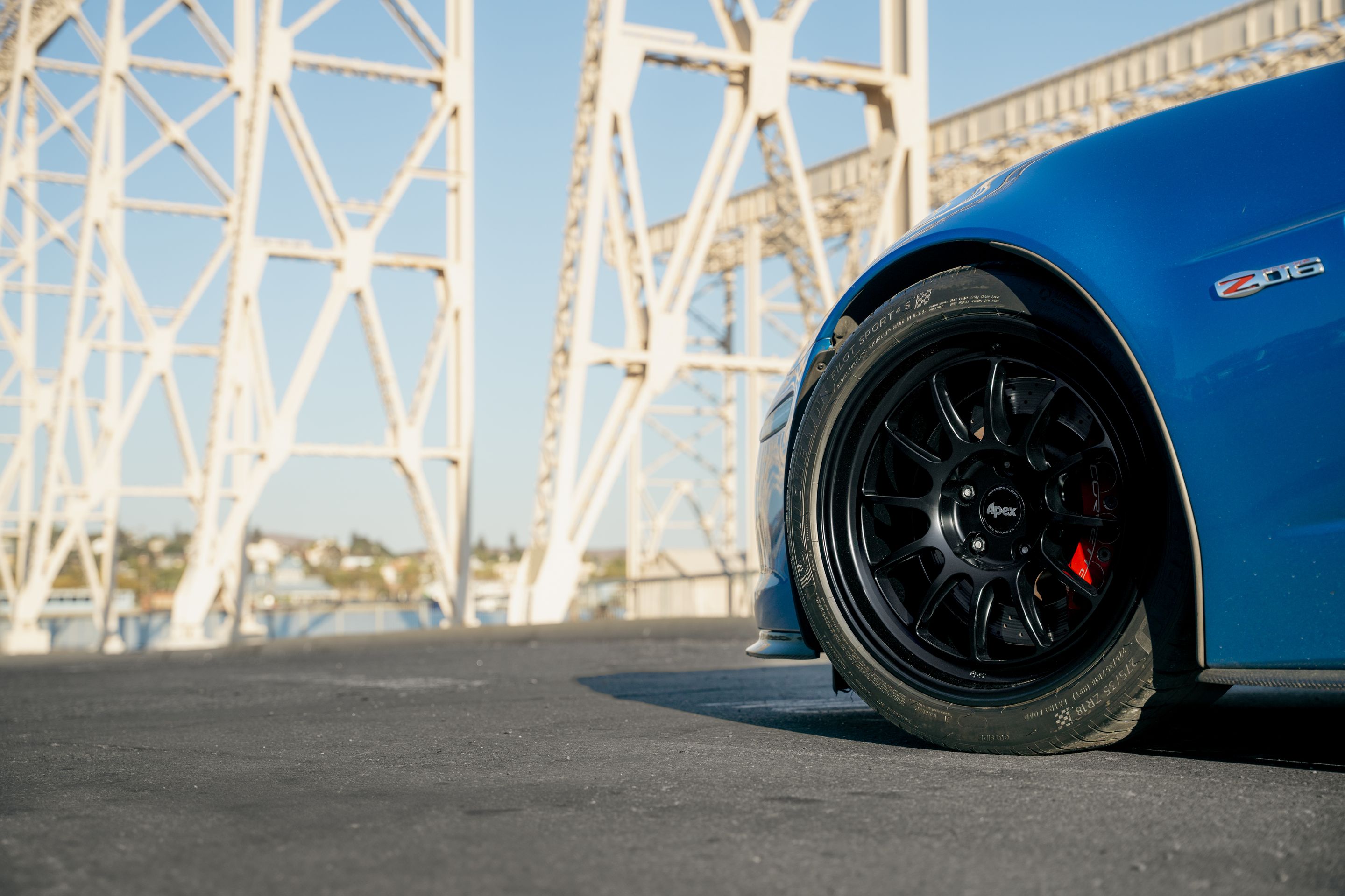 Blue Chevrolet C6 Corvette Z06 with 18"/19" TEST-S Apex wheels in Satin Black