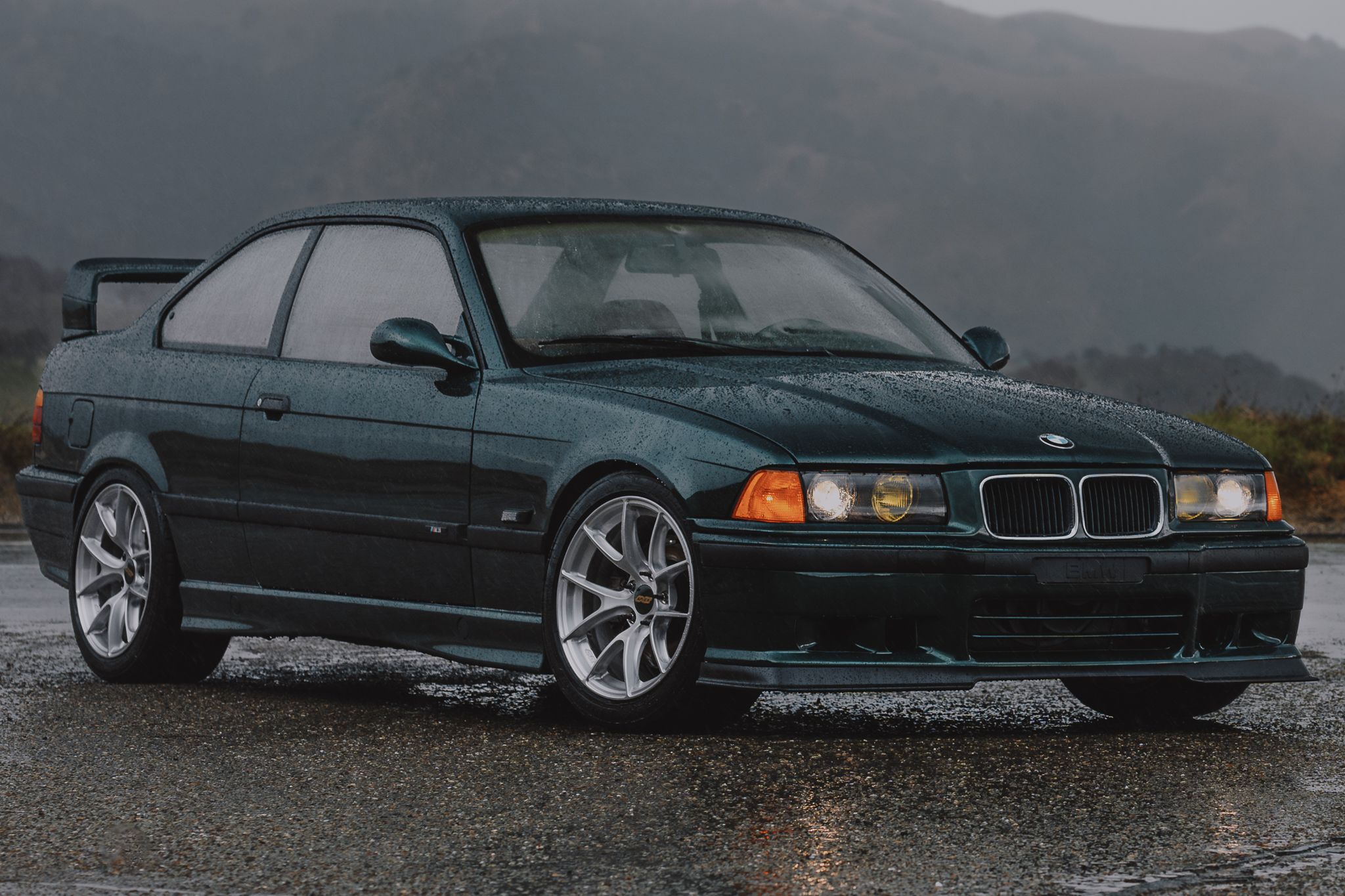 Green BMW E36 M3 with 17" VS-5RS Apex wheels in Brushed Clear