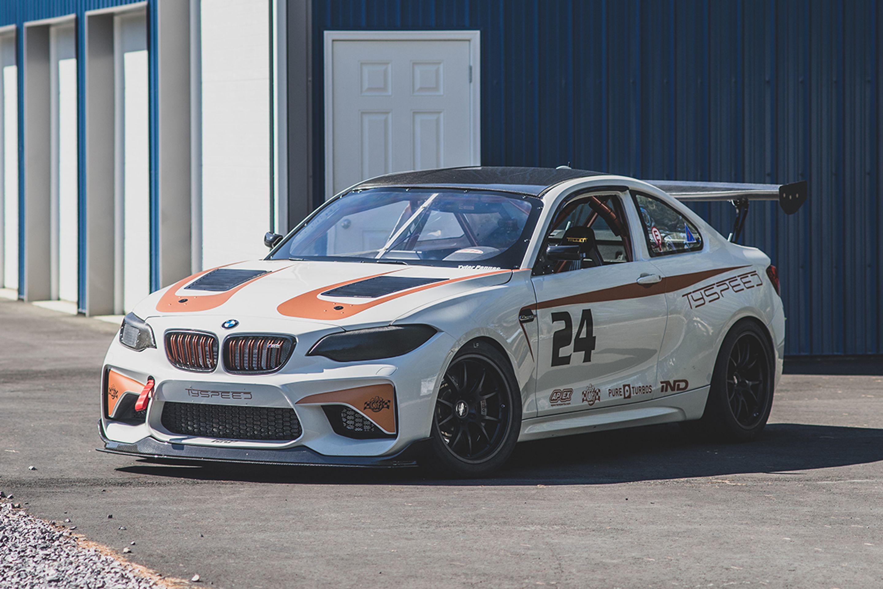 White BMW F87 M2 with 18" FL-5 Apex wheels in Satin Black